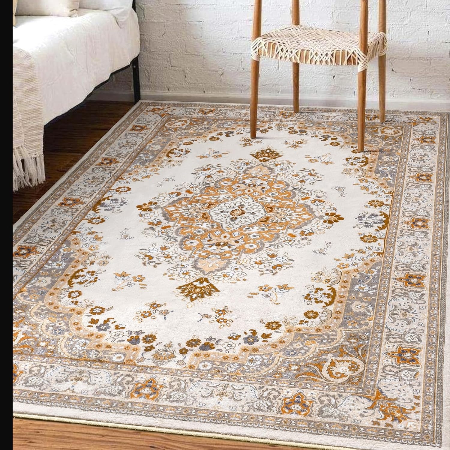 image:imageHOMORE Black Area Rug 5x7 Living Room Rug Washable Rugs for Bedroom  Non Slip Low Pile Vintage Floral Throw Rugs for Dining Room FarmhouseBeige