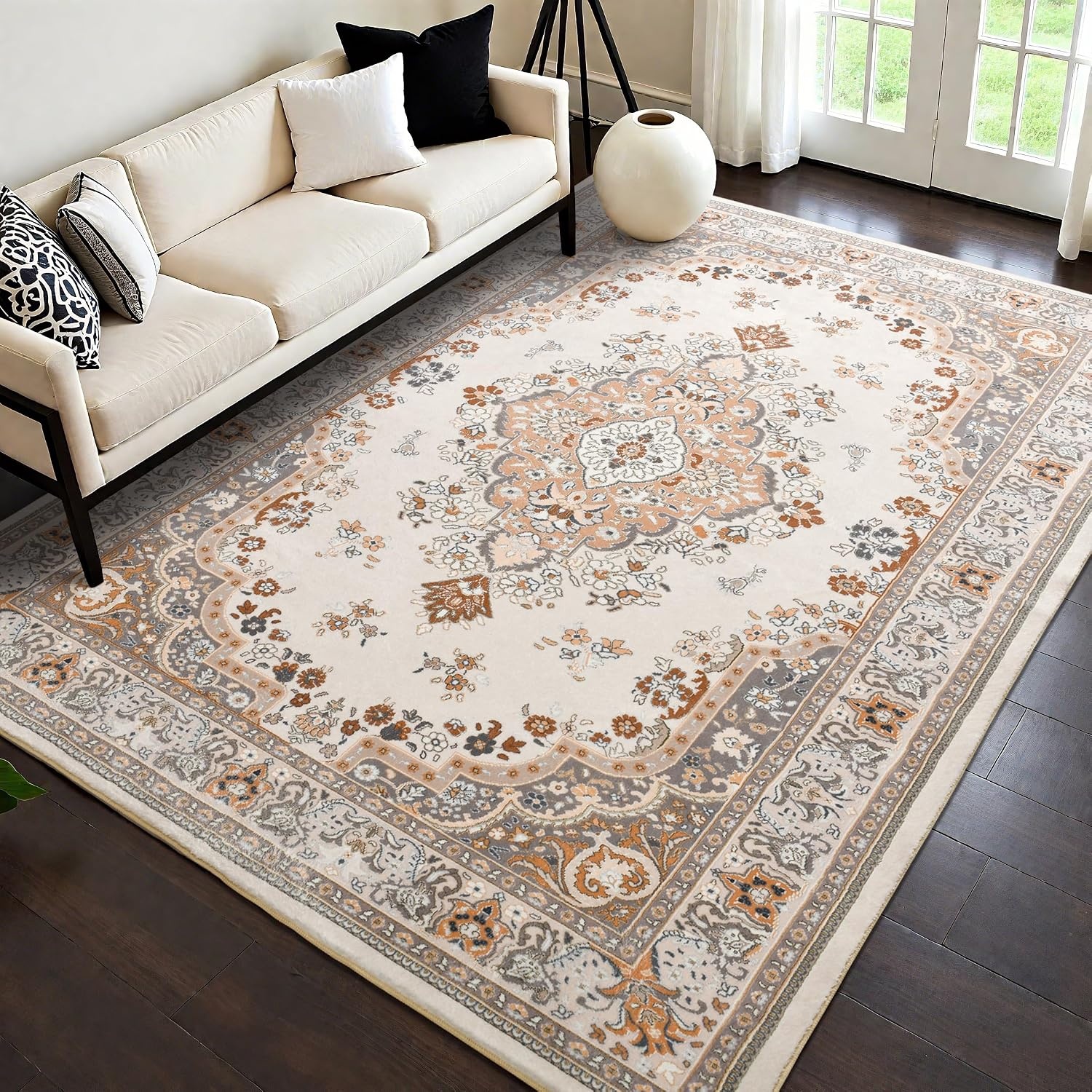 image:imageHOMORE Black Area Rug 5x7 Living Room Rug Washable Rugs for Bedroom  Non Slip Low Pile Vintage Floral Throw Rugs for Dining Room FarmhouseBeige
