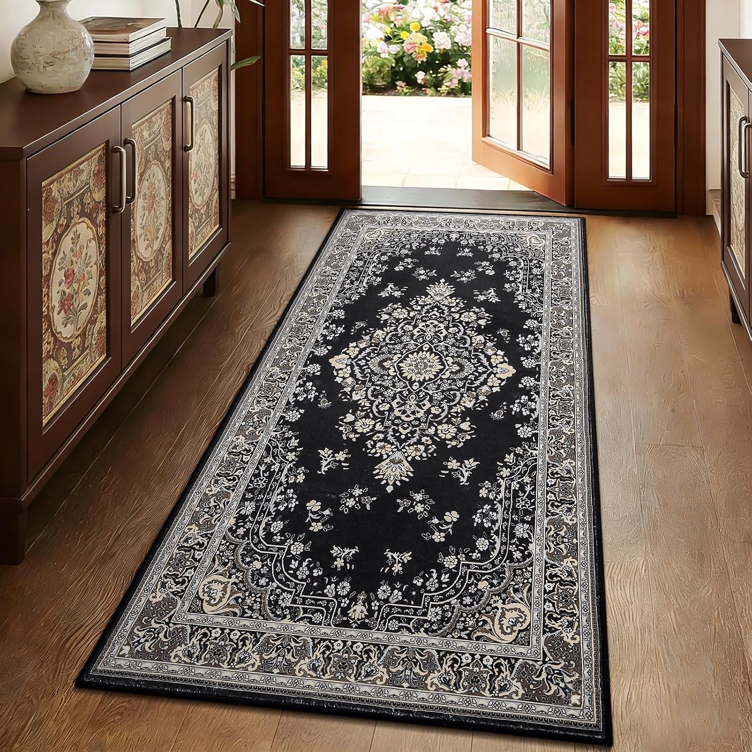 image:imageHOMORE Black Area Rug 5x7 Living Room Rug Washable Rugs for Bedroom  Non Slip Low Pile Vintage Floral Throw Rugs for Dining Room FarmhouseBlack
