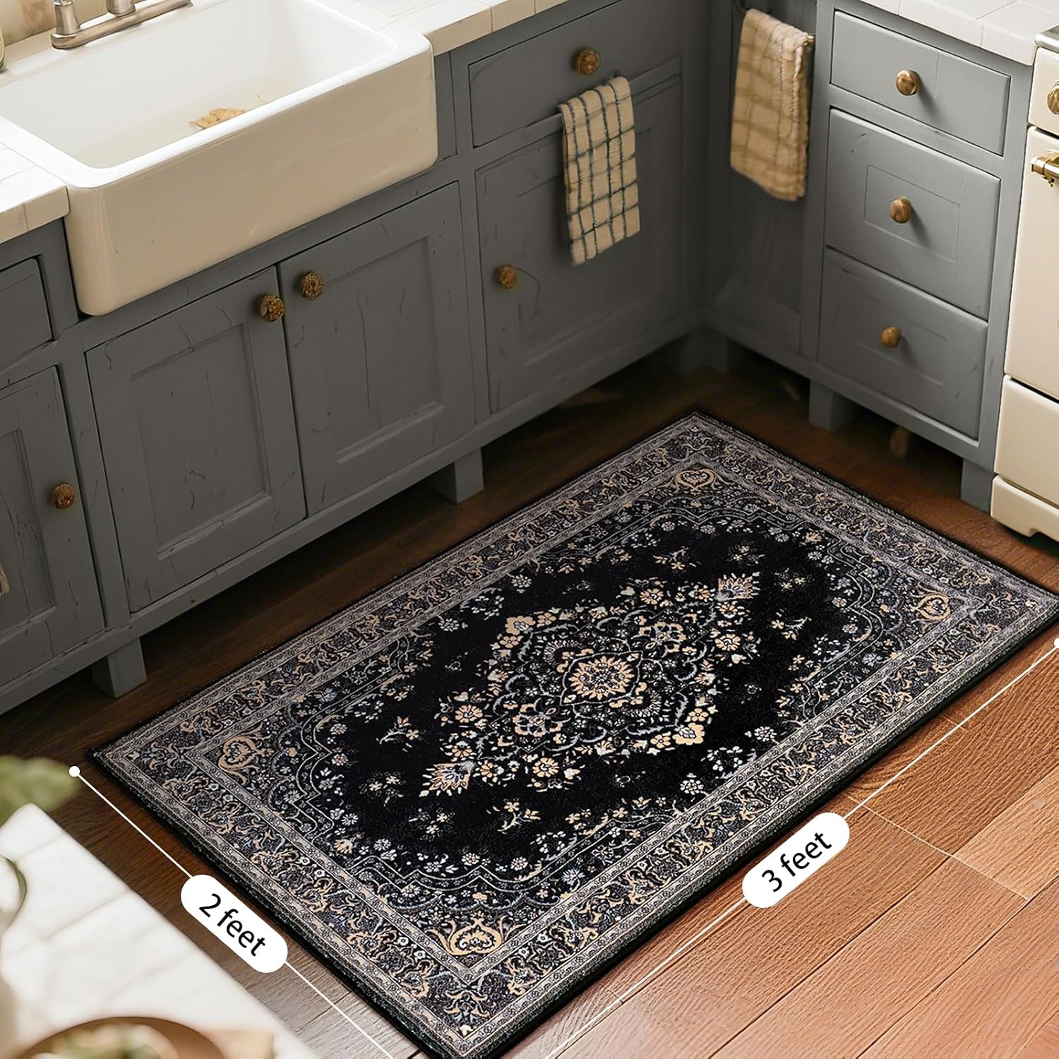 image:imageHOMORE Black Area Rug 5x7 Living Room Rug Washable Rugs for Bedroom  Non Slip Low Pile Vintage Floral Throw Rugs for Dining Room FarmhouseBlack
