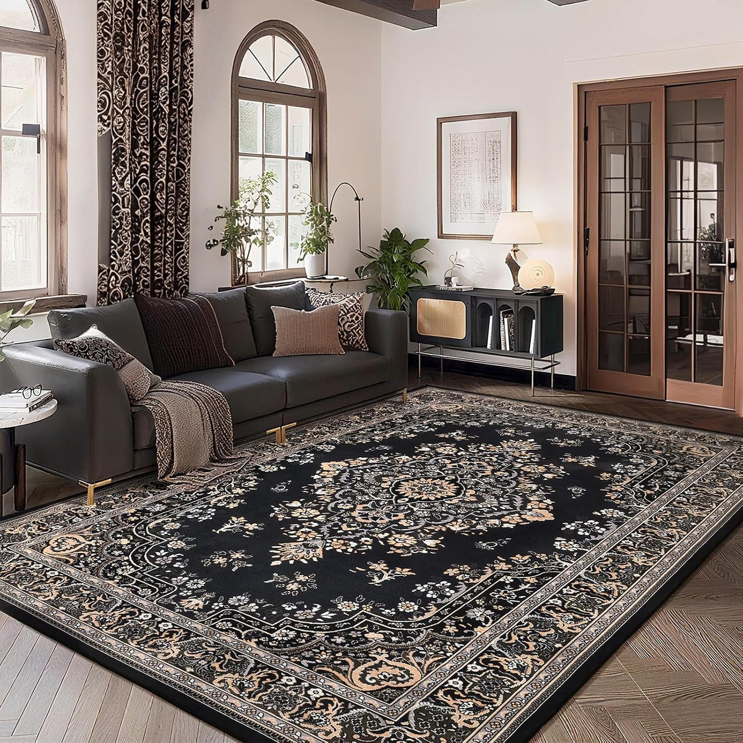 image:imageHOMORE Black Area Rug 5x7 Living Room Rug Washable Rugs for Bedroom  Non Slip Low Pile Vintage Floral Throw Rugs for Dining Room FarmhouseBlack