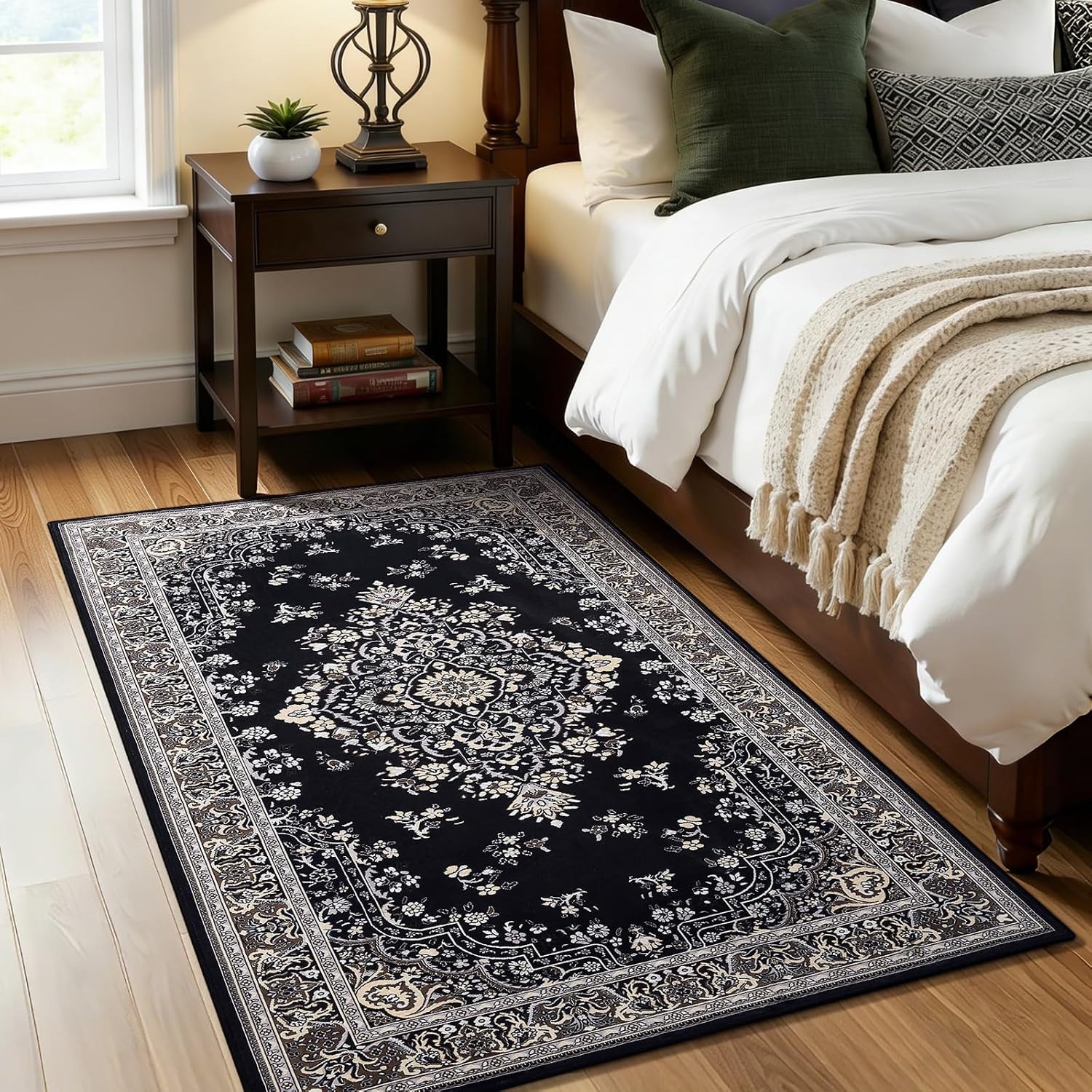 image:imageHOMORE Black Area Rug 5x7 Living Room Rug Washable Rugs for Bedroom  Non Slip Low Pile Vintage Floral Throw Rugs for Dining Room FarmhouseBlack
