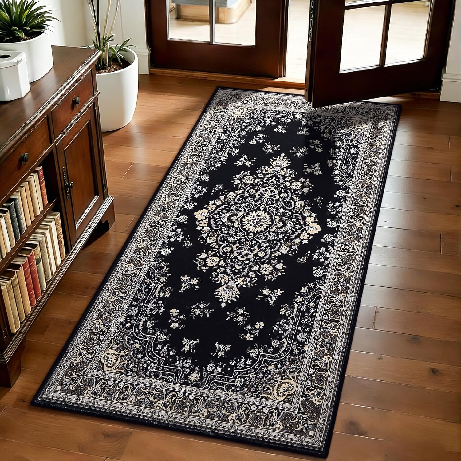 image:imageHOMORE Black Area Rug 5x7 Living Room Rug Washable Rugs for Bedroom  Non Slip Low Pile Vintage Floral Throw Rugs for Dining Room FarmhouseBlack