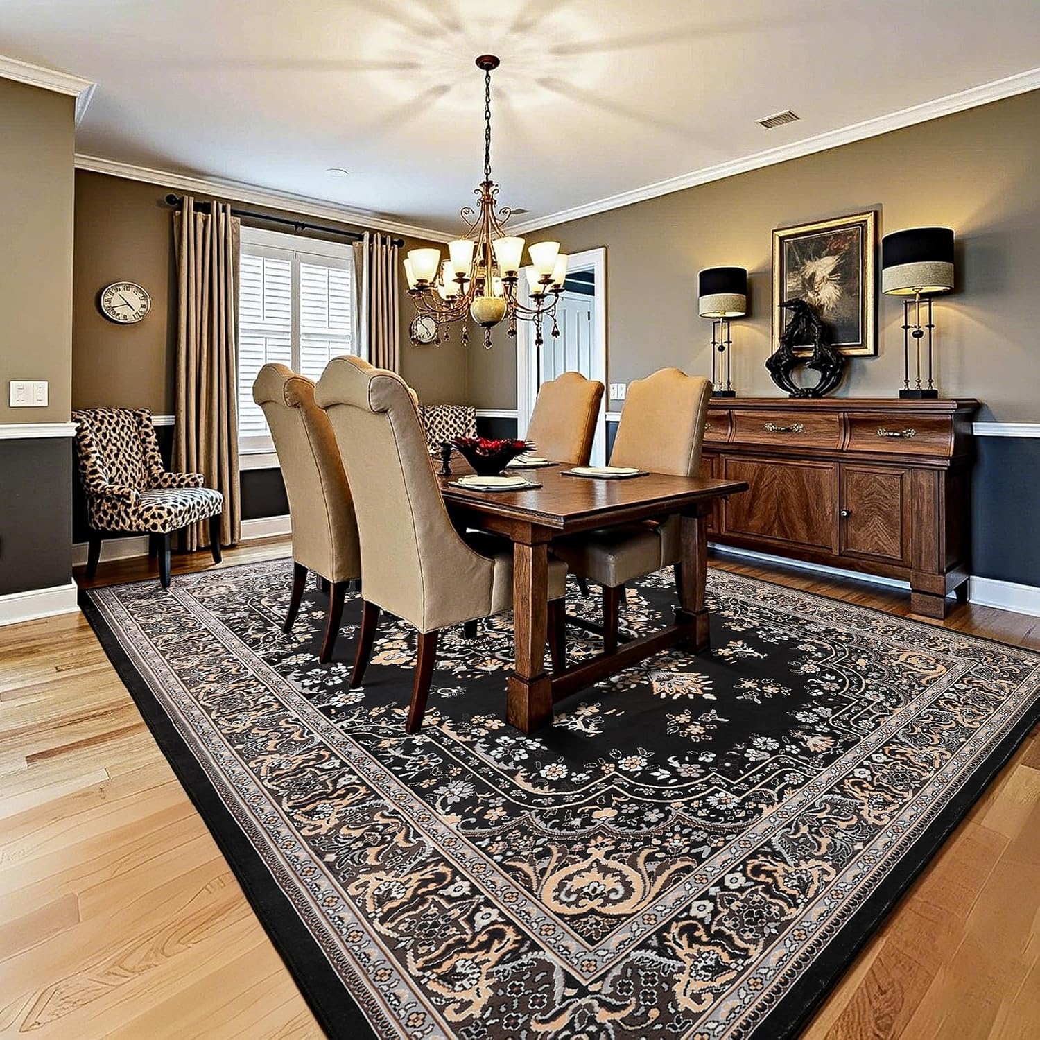 image:imageHOMORE Black Area Rug 5x7 Living Room Rug Washable Rugs for Bedroom  Non Slip Low Pile Vintage Floral Throw Rugs for Dining Room FarmhouseBlack