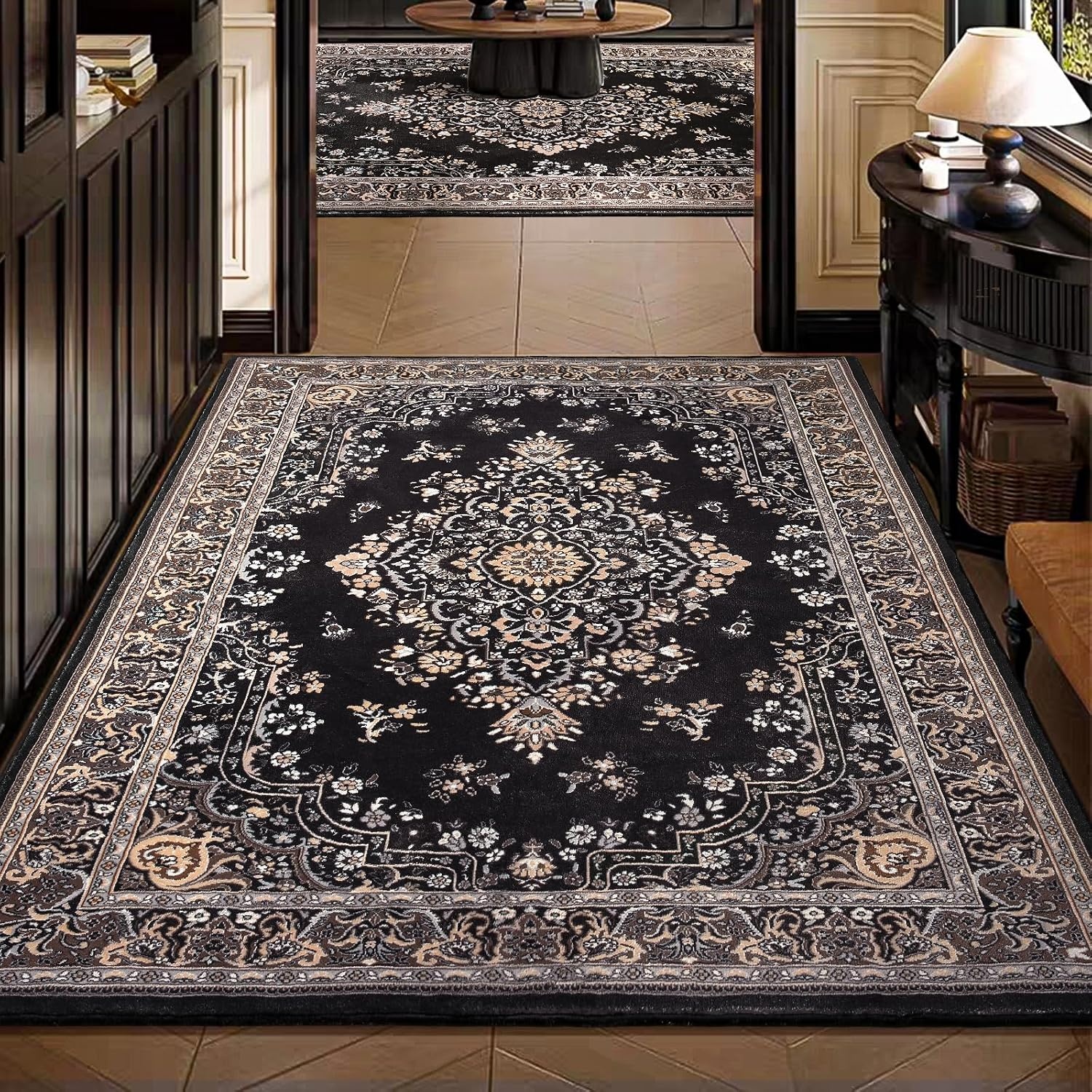 image:imageHOMORE Black Area Rug 5x7 Living Room Rug Washable Rugs for Bedroom  Non Slip Low Pile Vintage Floral Throw Rugs for Dining Room FarmhouseBlack