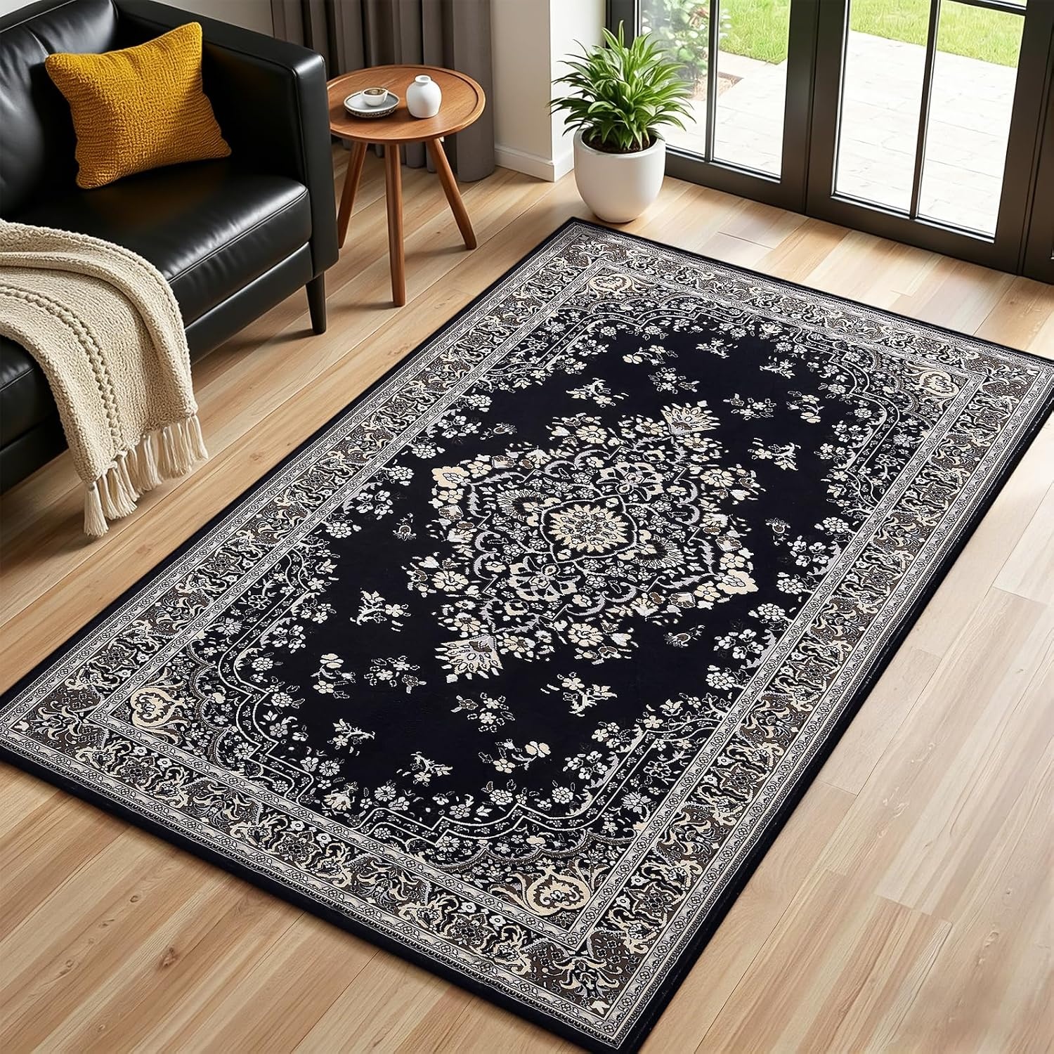 image:imageHOMORE Black Area Rug 5x7 Living Room Rug Washable Rugs for Bedroom  Non Slip Low Pile Vintage Floral Throw Rugs for Dining Room FarmhouseBlack