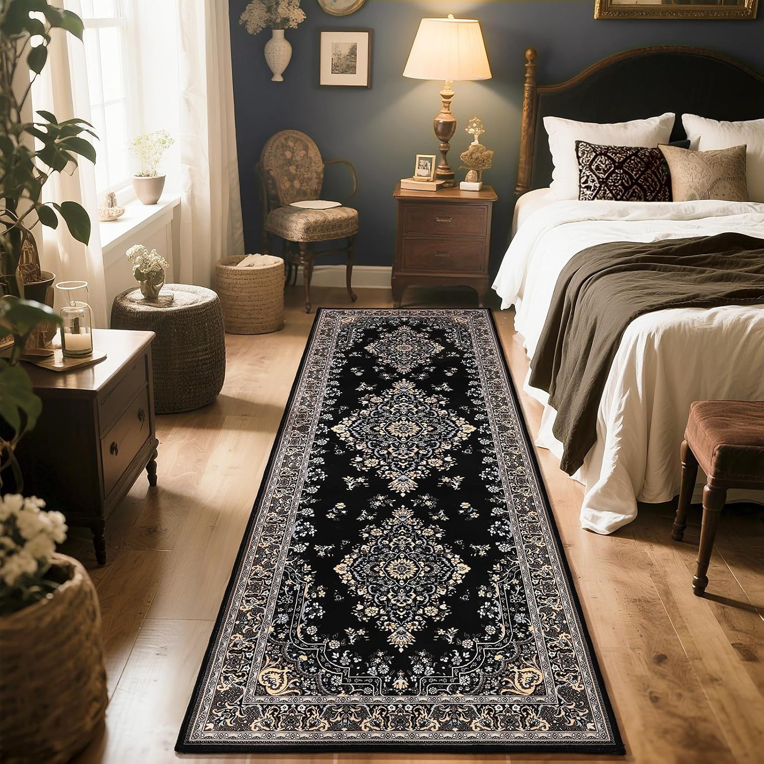 image:imageHOMORE Black Area Rug 5x7 Living Room Rug Washable Rugs for Bedroom  Non Slip Low Pile Vintage Floral Throw Rugs for Dining Room FarmhouseBlack