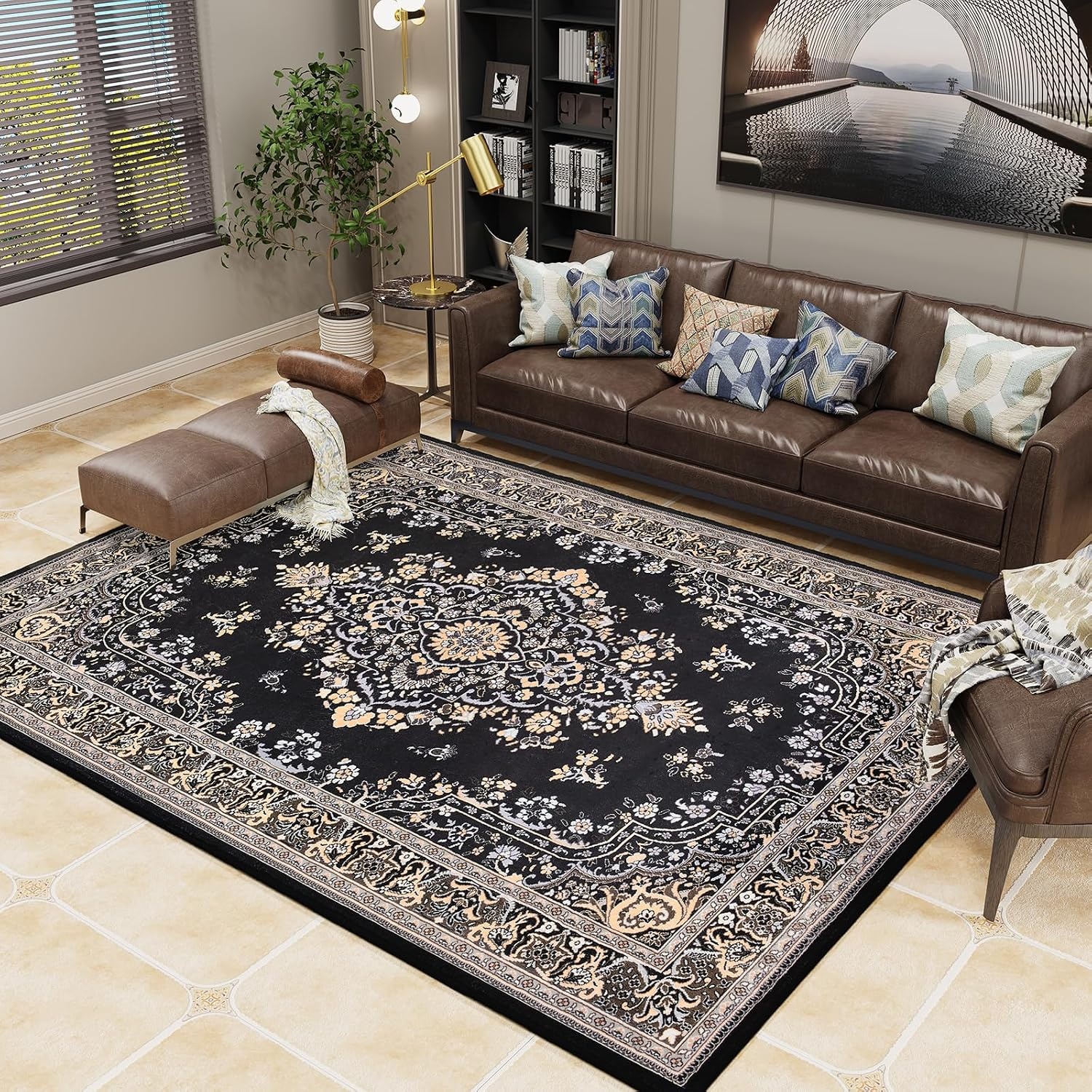 image:imageHOMORE Black Area Rug 5x7 Living Room Rug Washable Rugs for Bedroom  Non Slip Low Pile Vintage Floral Throw Rugs for Dining Room FarmhouseBlack