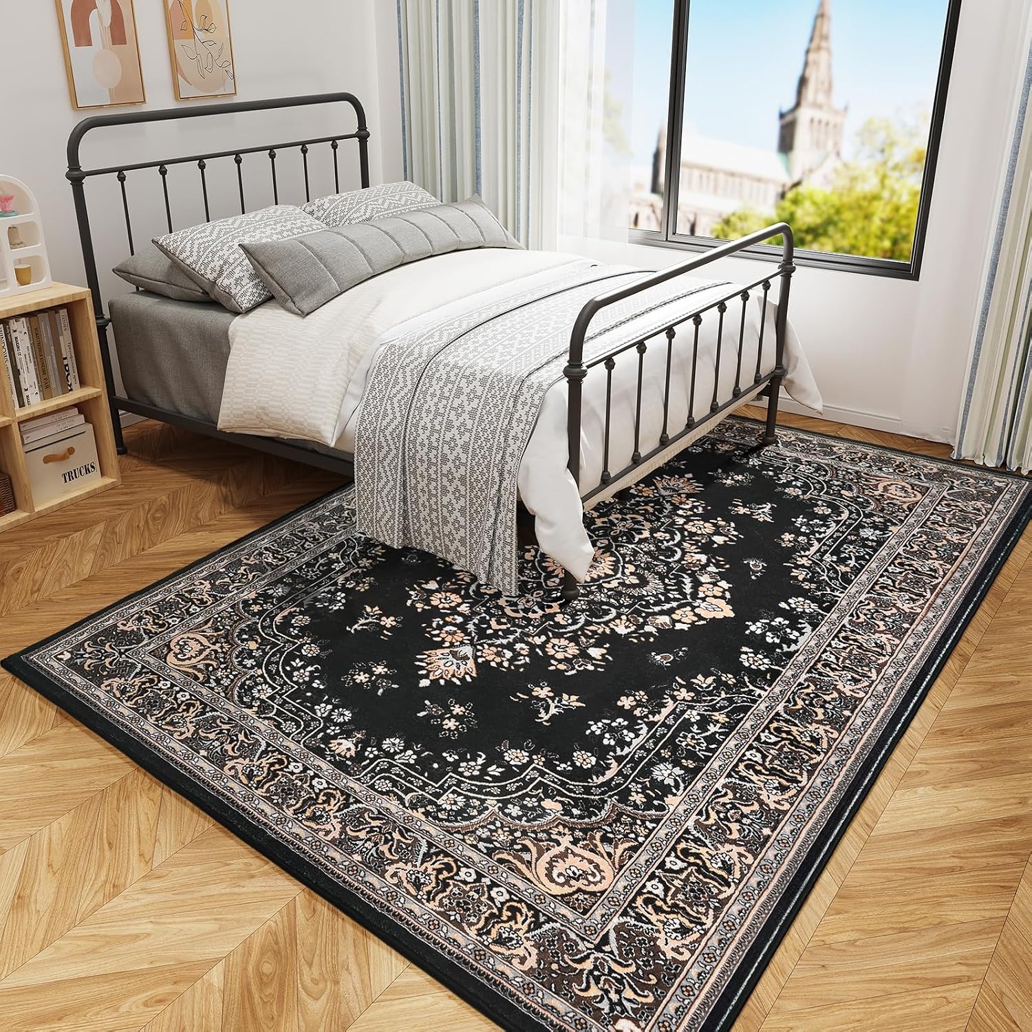 image:imageHOMORE Black Area Rug 5x7 Living Room Rug Washable Rugs for Bedroom  Non Slip Low Pile Vintage Floral Throw Rugs for Dining Room FarmhouseBlack