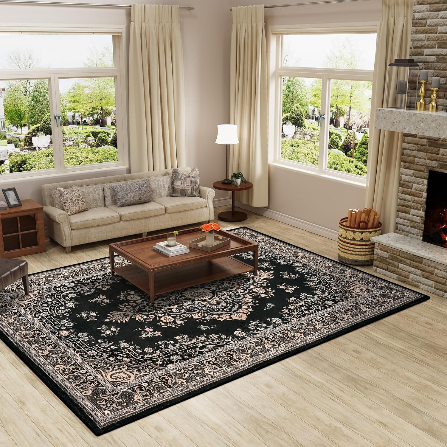 image:imageHOMORE Black Area Rug 5x7 Living Room Rug Washable Rugs for Bedroom  Non Slip Low Pile Vintage Floral Throw Rugs for Dining Room FarmhouseBlack