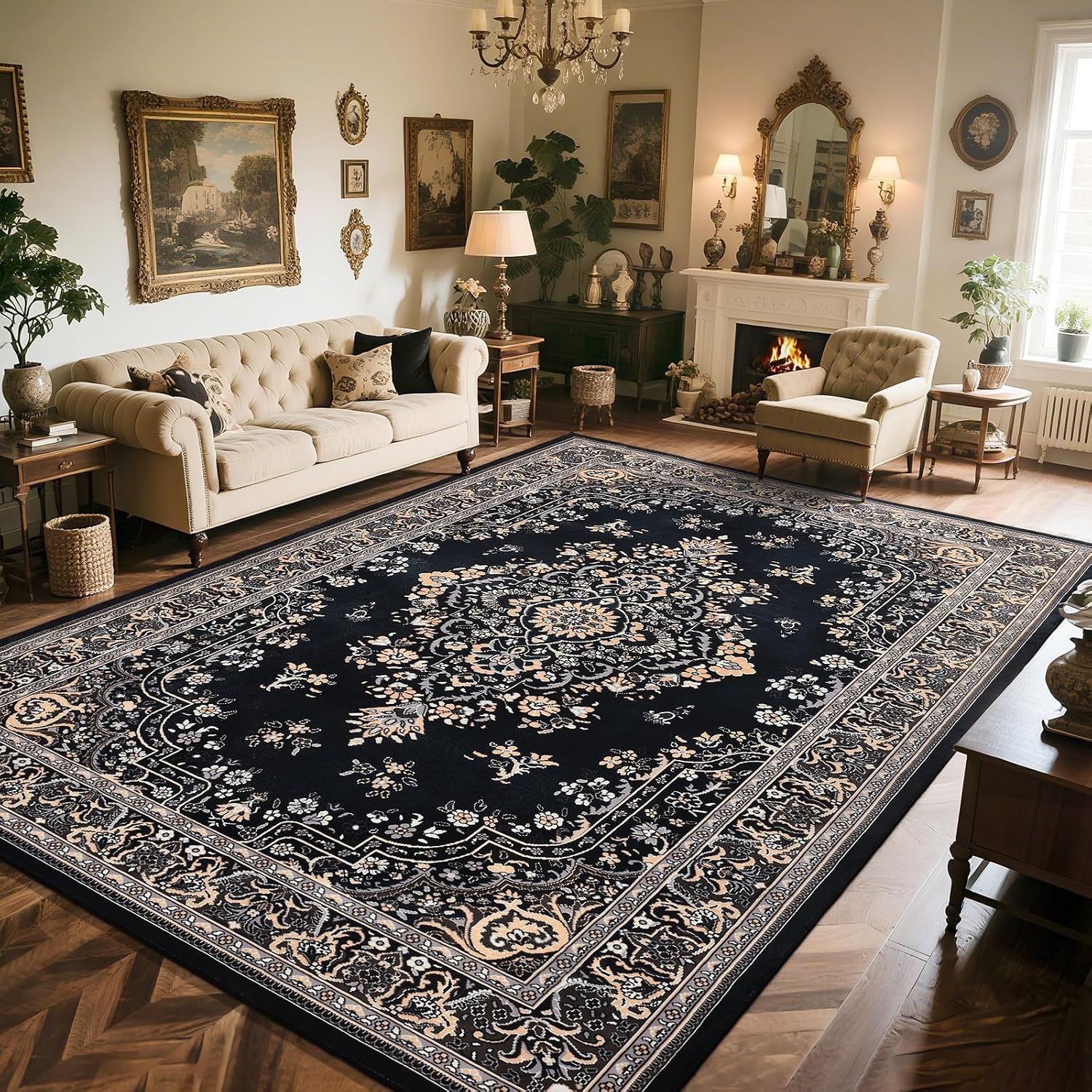 image:imageHOMORE Black Area Rug 5x7 Living Room Rug Washable Rugs for Bedroom  Non Slip Low Pile Vintage Floral Throw Rugs for Dining Room FarmhouseBlack