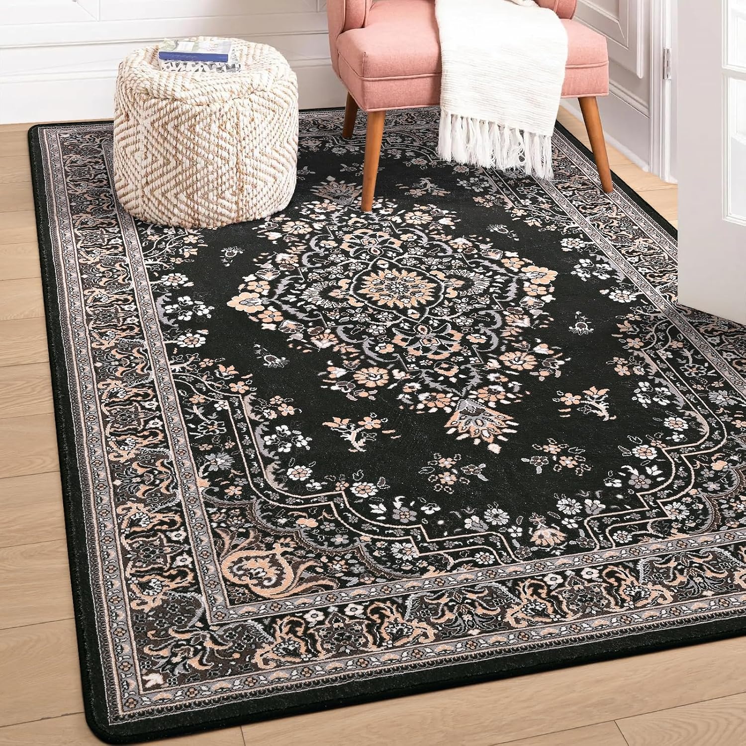 image:imageHOMORE Black Area Rug 5x7 Living Room Rug Washable Rugs for Bedroom  Non Slip Low Pile Vintage Floral Throw Rugs for Dining Room FarmhouseBlack