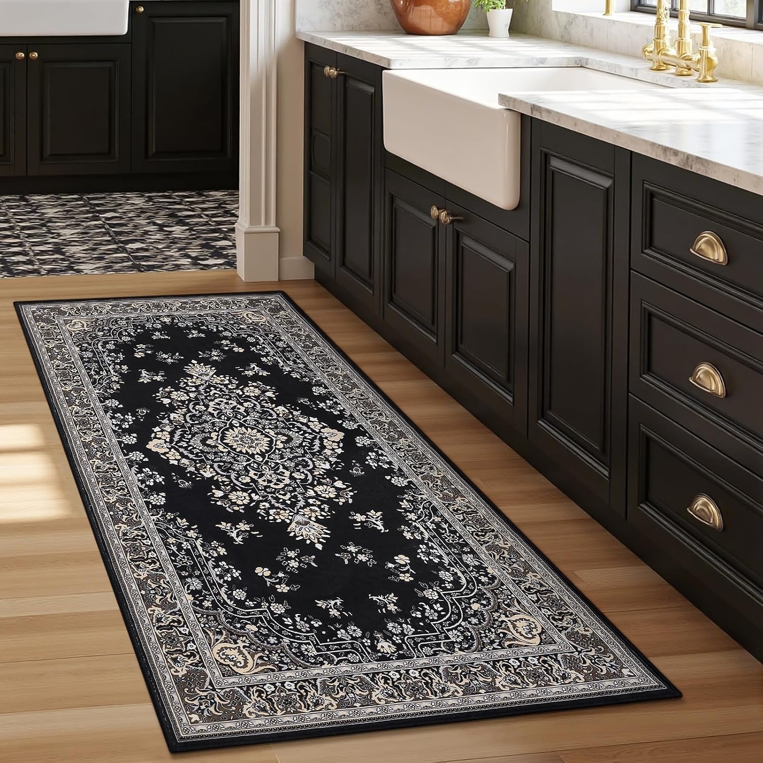 image:imageHOMORE Black Area Rug 5x7 Living Room Rug Washable Rugs for Bedroom  Non Slip Low Pile Vintage Floral Throw Rugs for Dining Room FarmhouseBlack