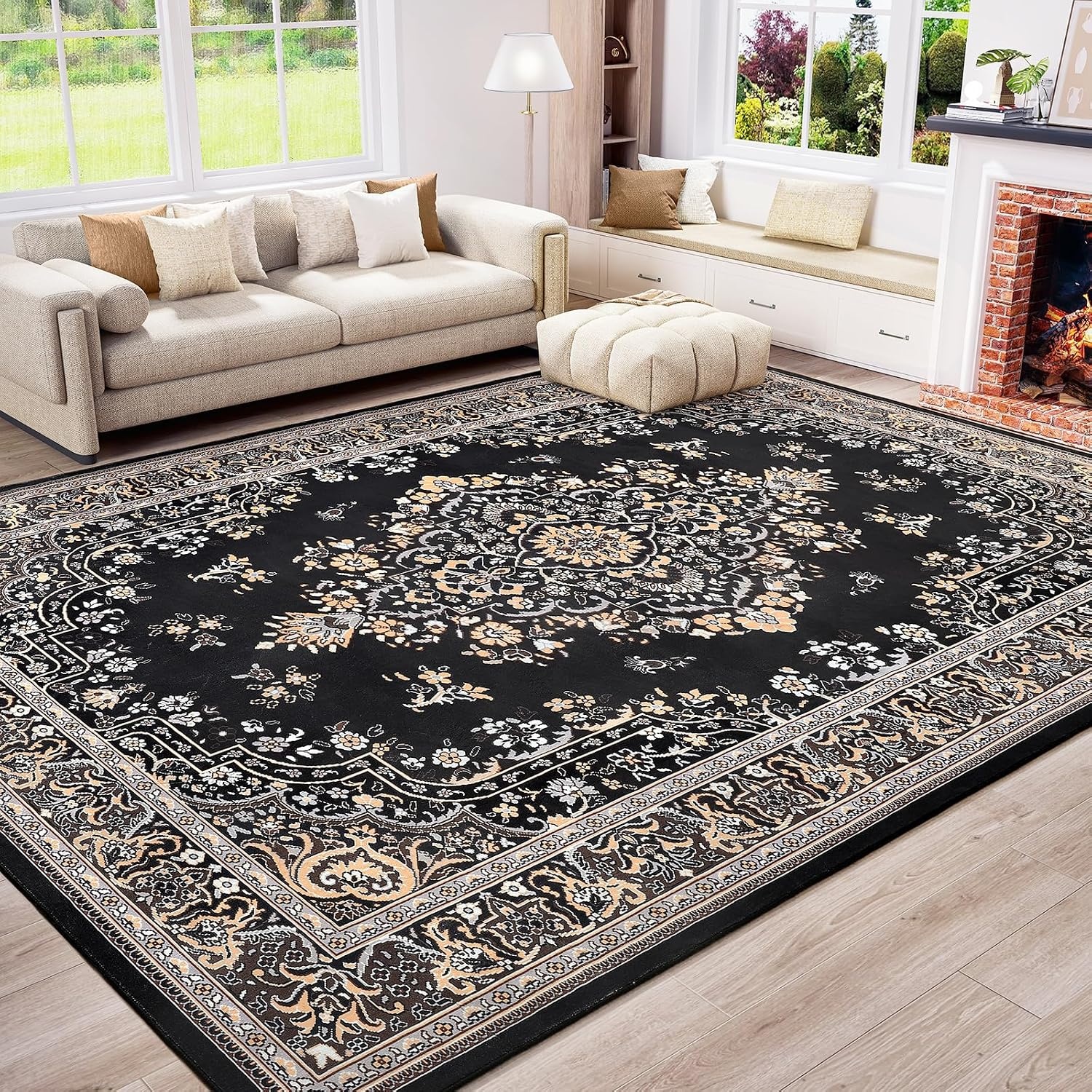 image:imageHOMORE Black Area Rug 5x7 Living Room Rug Washable Rugs for Bedroom  Non Slip Low Pile Vintage Floral Throw Rugs for Dining Room FarmhouseBlack