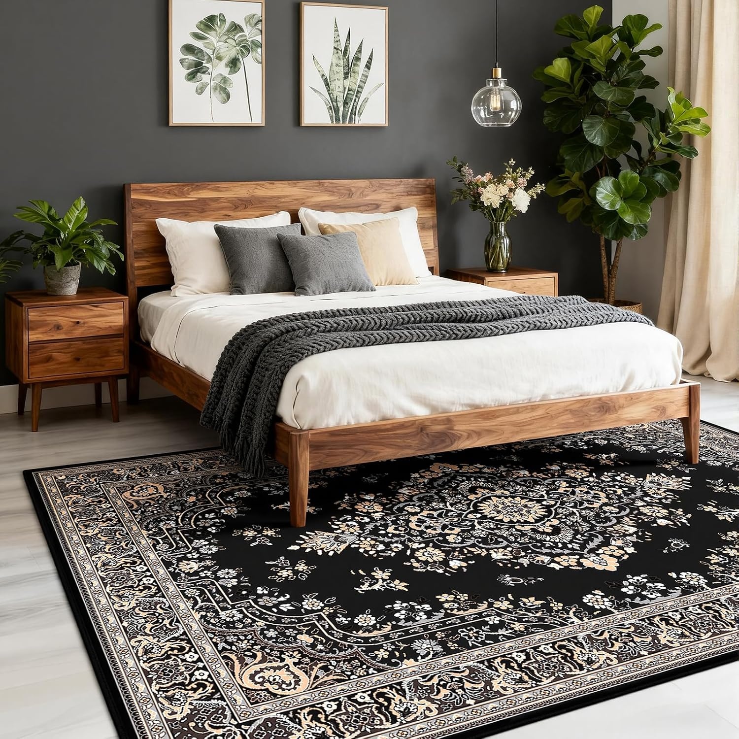 image:imageHOMORE Black Area Rug 5x7 Living Room Rug Washable Rugs for Bedroom  Non Slip Low Pile Vintage Floral Throw Rugs for Dining Room FarmhouseBlack