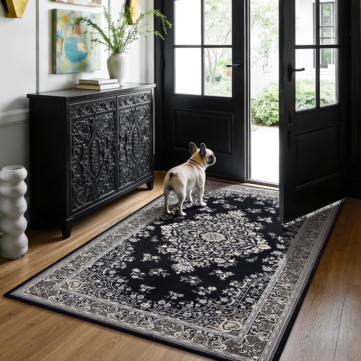 image:imageHOMORE Black Area Rug 5x7 Living Room Rug Washable Rugs for Bedroom  Non Slip Low Pile Vintage Floral Throw Rugs for Dining Room FarmhouseBlack