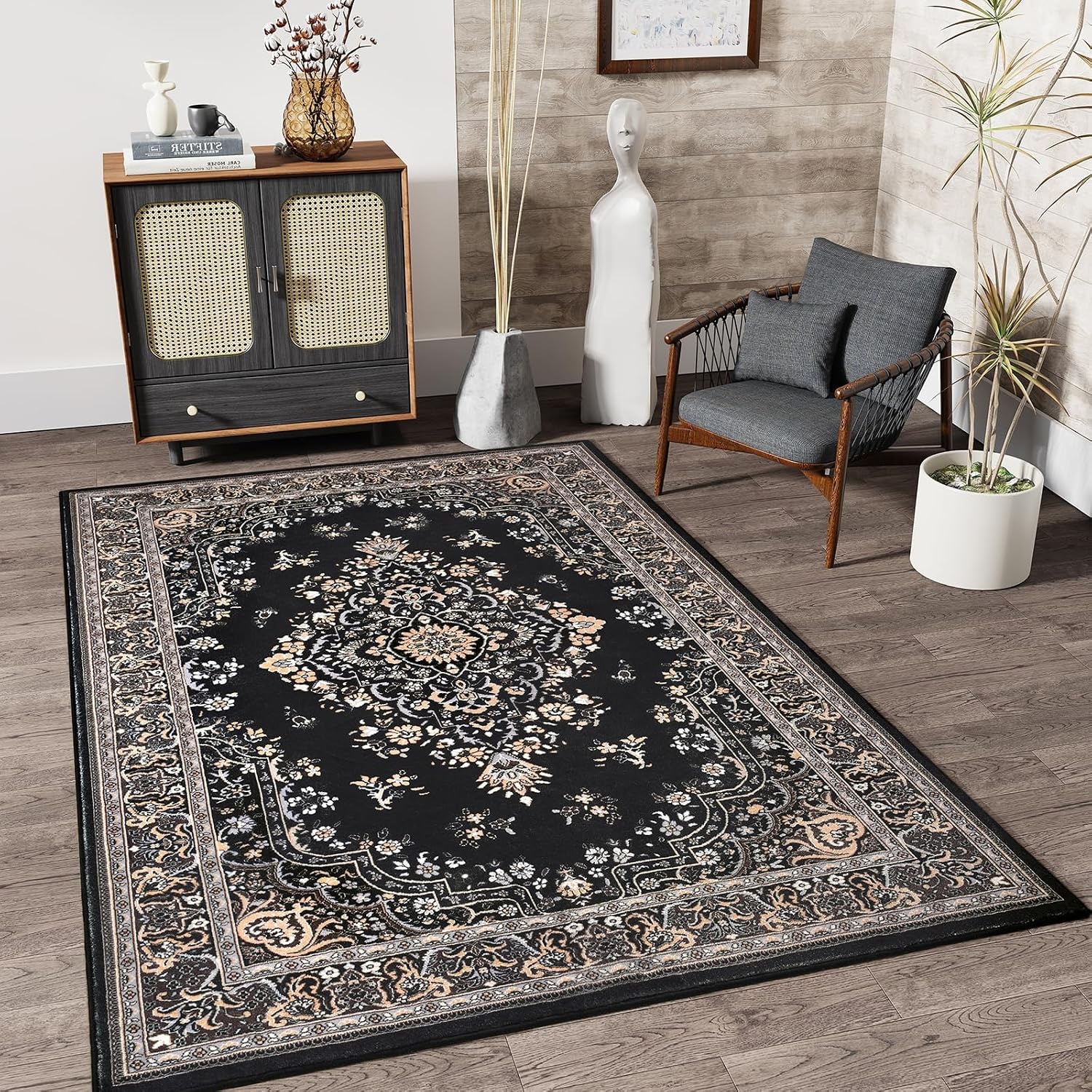 image:imageHOMORE Black Area Rug 5x7 Living Room Rug Washable Rugs for Bedroom  Non Slip Low Pile Vintage Floral Throw Rugs for Dining Room FarmhouseBlack