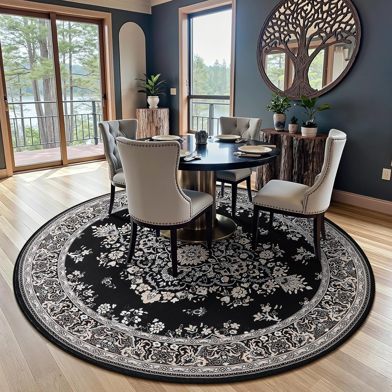 image:imageHOMORE Black Area Rug 5x7 Living Room Rug Washable Rugs for Bedroom  Non Slip Low Pile Vintage Floral Throw Rugs for Dining Room FarmhouseBlack