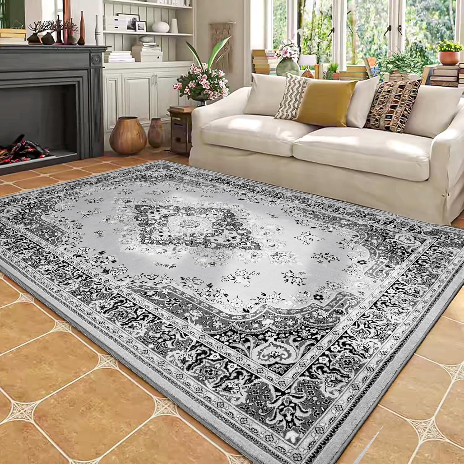 image:imageHOMORE Black Area Rug 5x7 Living Room Rug Washable Rugs for Bedroom  Non Slip Low Pile Vintage Floral Throw Rugs for Dining Room FarmhouseGrey