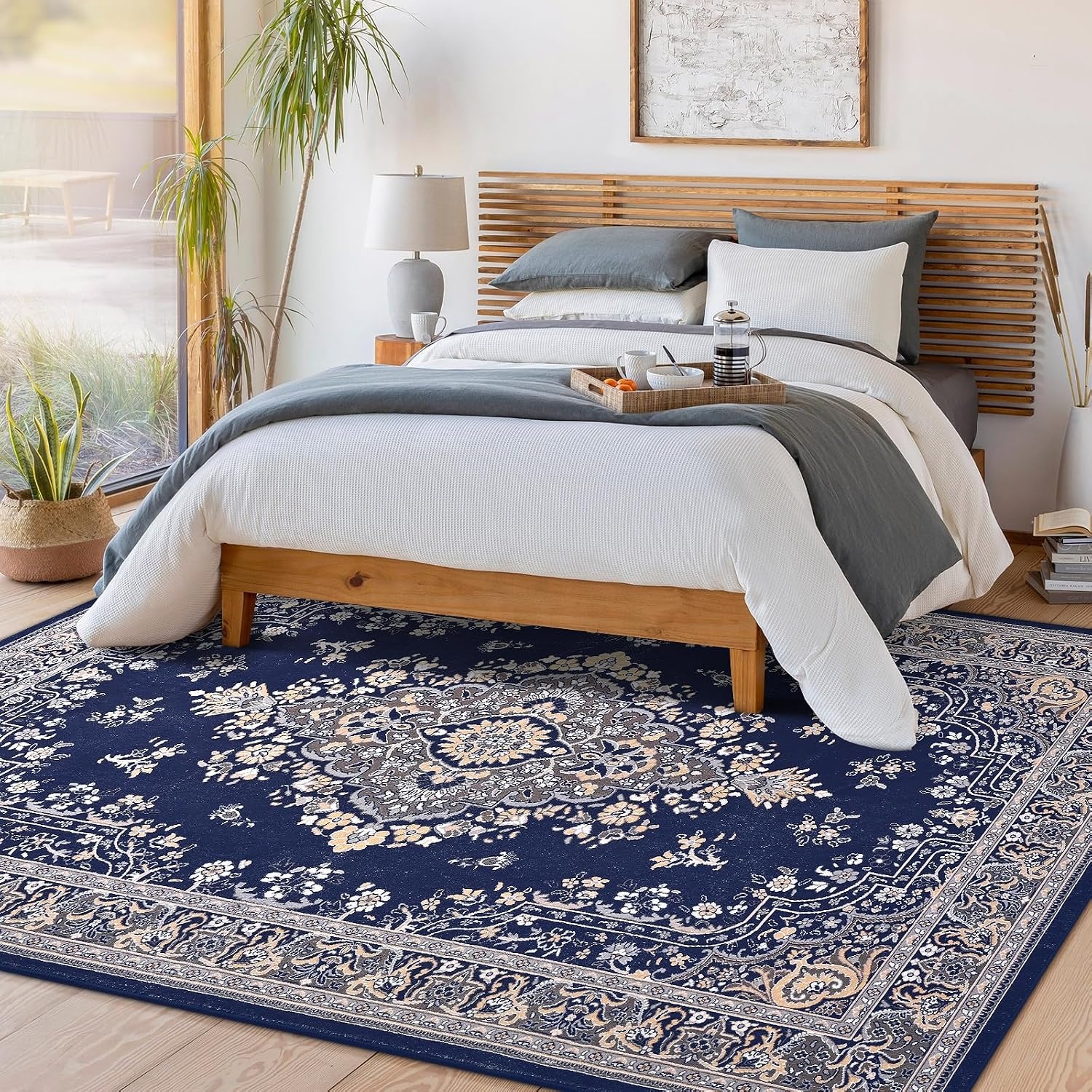 image:imageHOMORE Black Area Rug 5x7 Living Room Rug Washable Rugs for Bedroom  Non Slip Low Pile Vintage Floral Throw Rugs for Dining Room FarmhouseNavy Blue