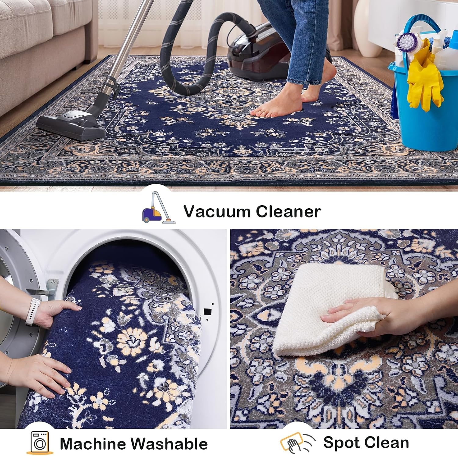 image:imageHOMORE Black Area Rug 5x7 Living Room Rug Washable Rugs for Bedroom  Non Slip Low Pile Vintage Floral Throw Rugs for Dining Room FarmhouseNavy Blue