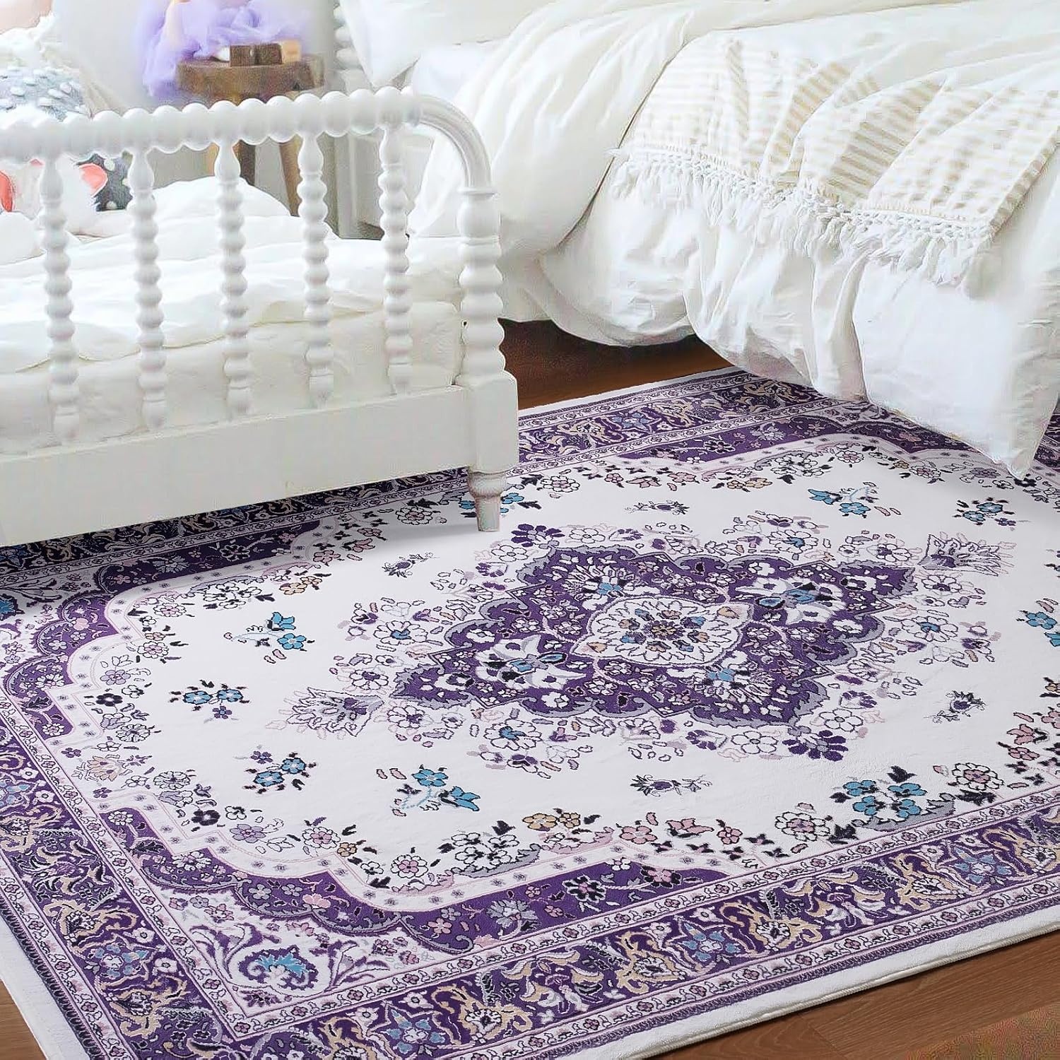 image:imageHOMORE Black Area Rug 5x7 Living Room Rug Washable Rugs for Bedroom  Non Slip Low Pile Vintage Floral Throw Rugs for Dining Room FarmhousePurple
