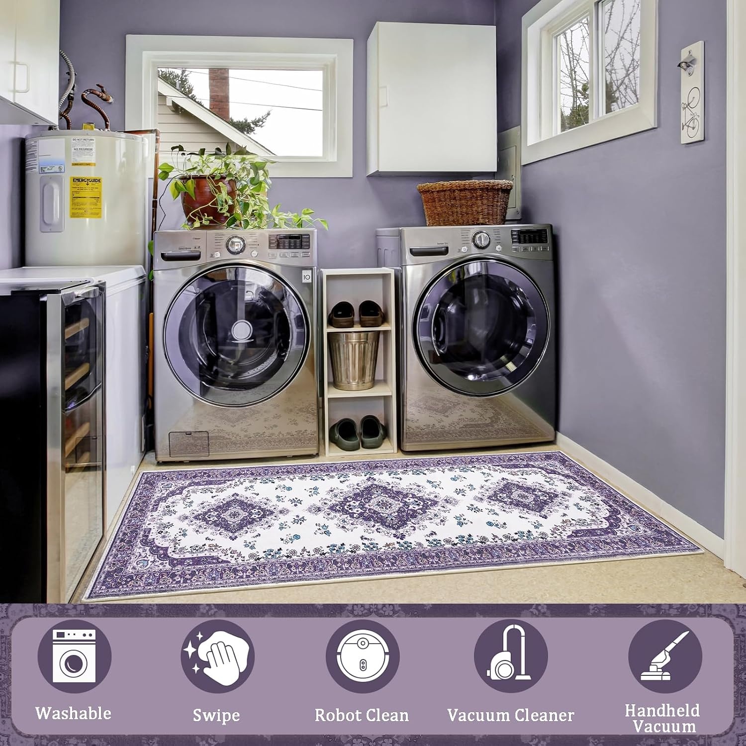image:imageHOMORE Black Area Rug 5x7 Living Room Rug Washable Rugs for Bedroom  Non Slip Low Pile Vintage Floral Throw Rugs for Dining Room FarmhousePurple