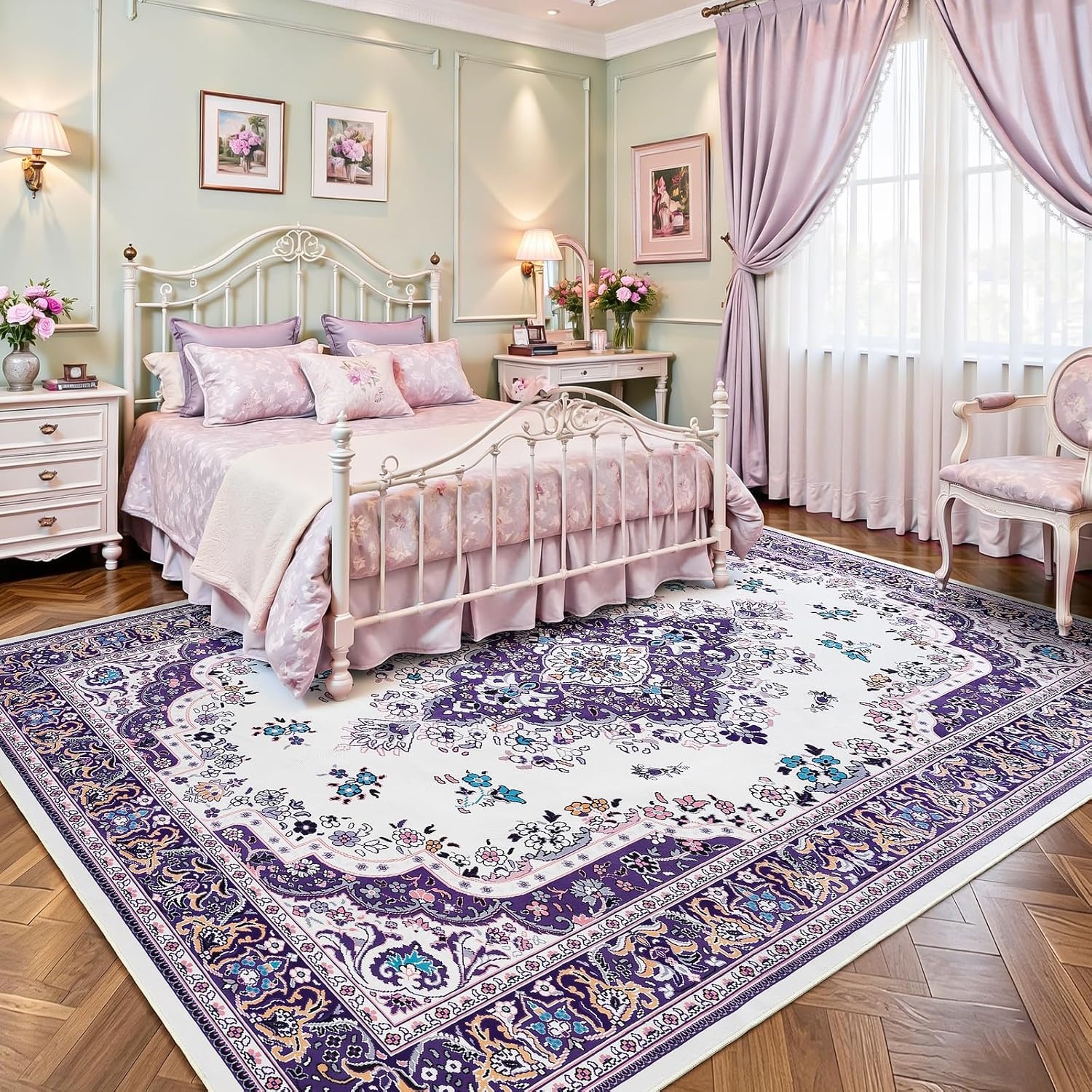 image:imageHOMORE Black Area Rug 5x7 Living Room Rug Washable Rugs for Bedroom  Non Slip Low Pile Vintage Floral Throw Rugs for Dining Room FarmhousePurple