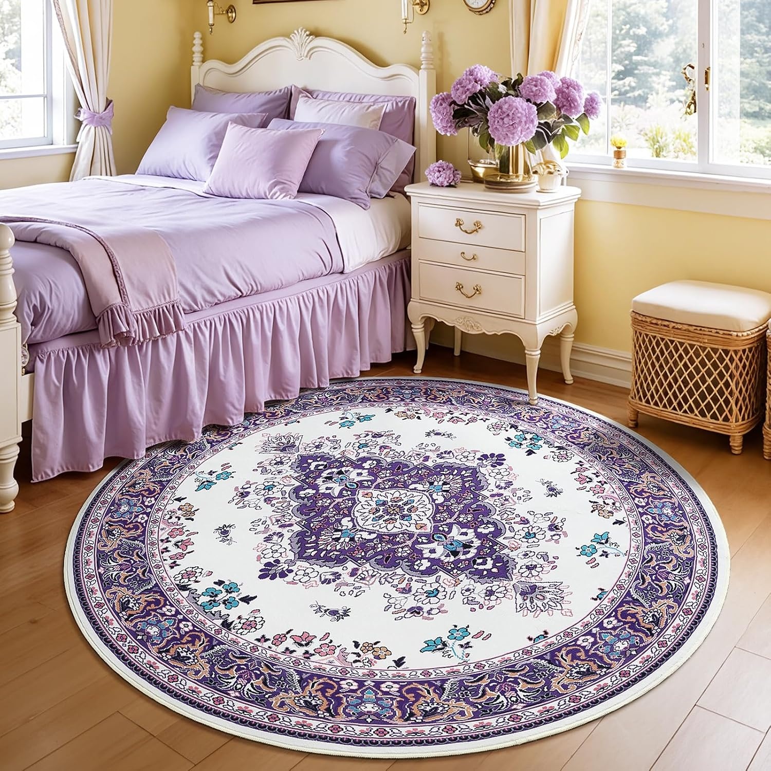 image:imageHOMORE Black Area Rug 5x7 Living Room Rug Washable Rugs for Bedroom  Non Slip Low Pile Vintage Floral Throw Rugs for Dining Room FarmhousePurple
