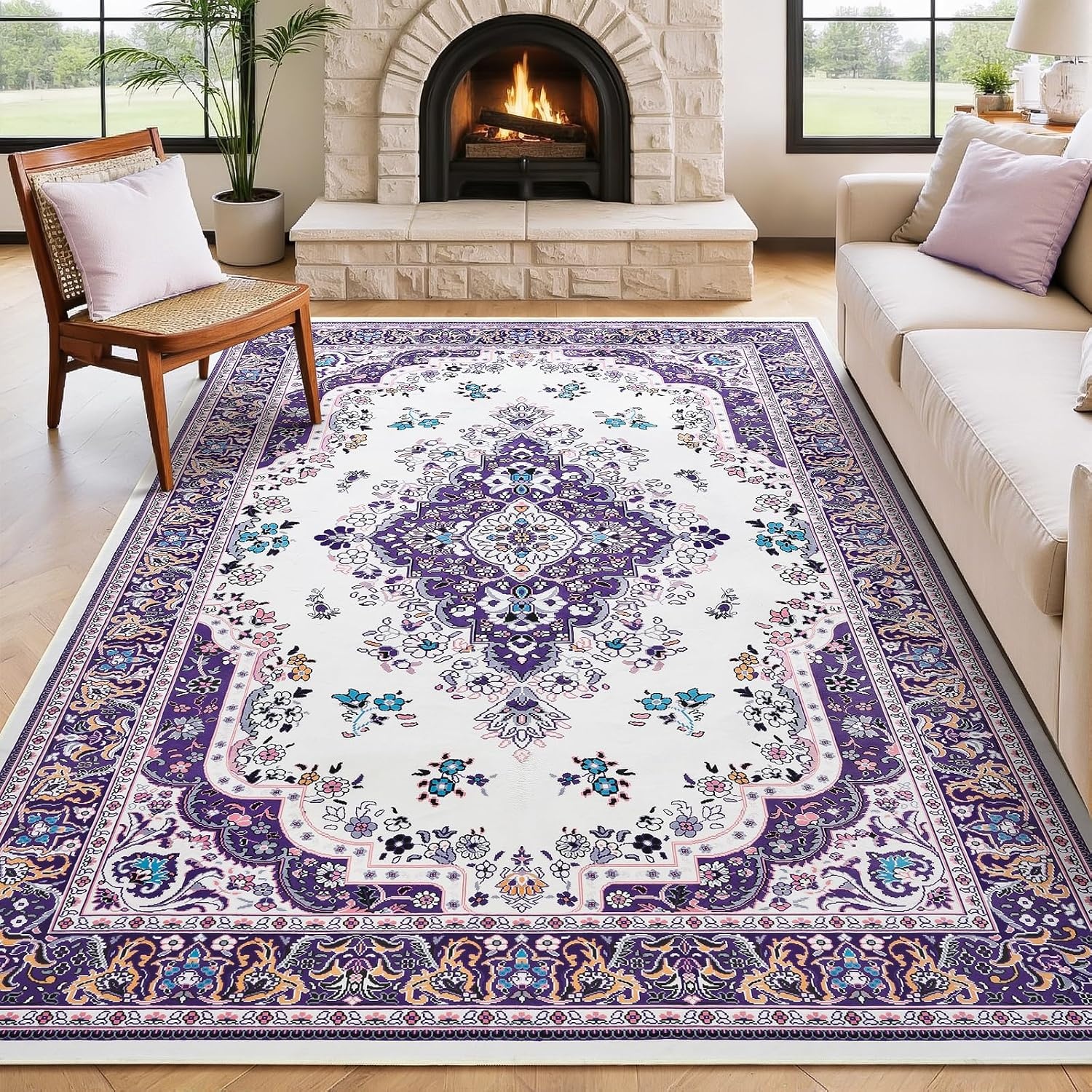 image:imageHOMORE Black Area Rug 5x7 Living Room Rug Washable Rugs for Bedroom  Non Slip Low Pile Vintage Floral Throw Rugs for Dining Room FarmhousePurple