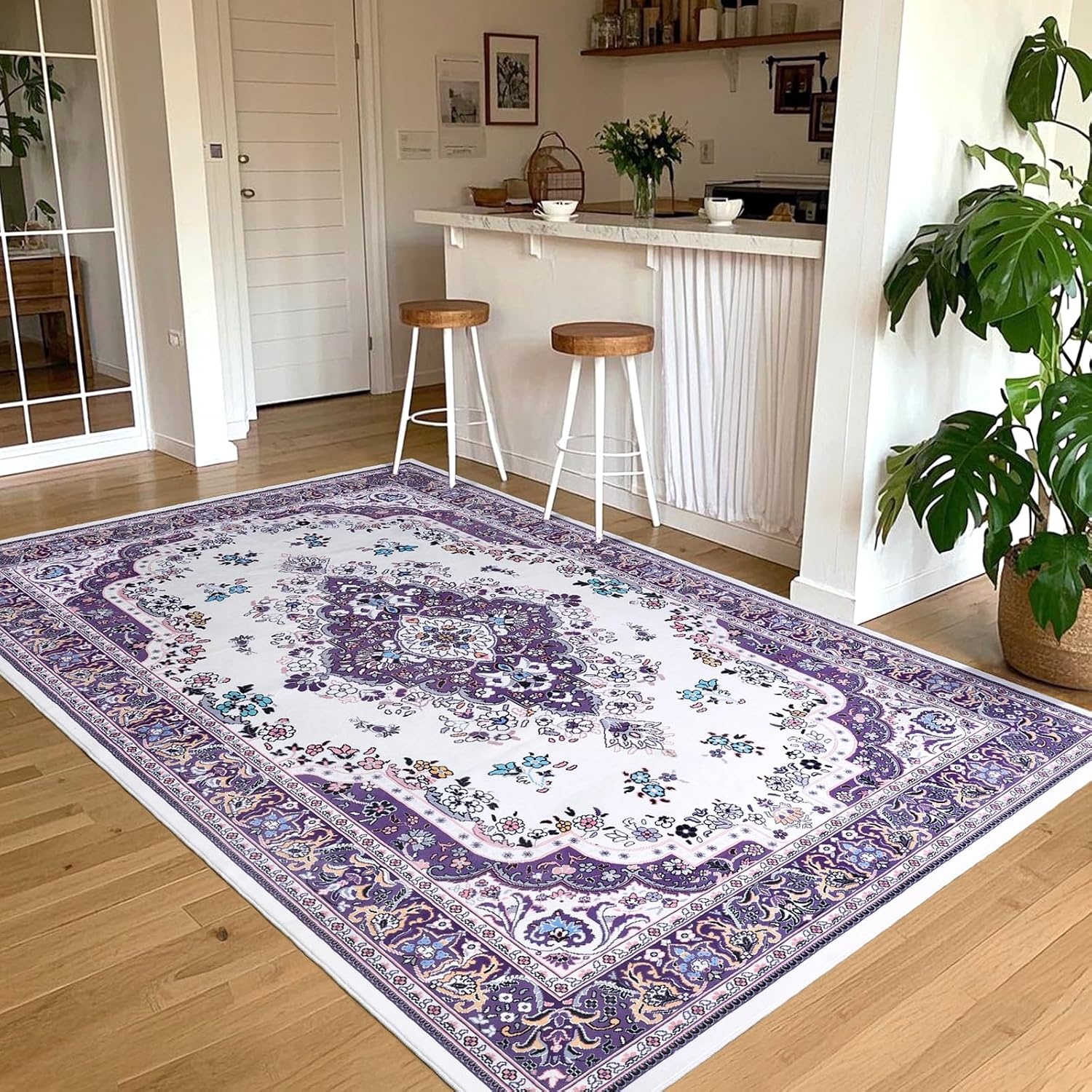 image:imageHOMORE Black Area Rug 5x7 Living Room Rug Washable Rugs for Bedroom  Non Slip Low Pile Vintage Floral Throw Rugs for Dining Room FarmhousePurple