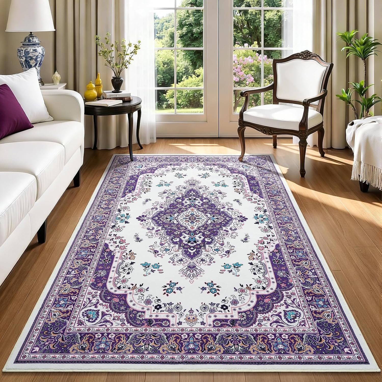 image:imageHOMORE Black Area Rug 5x7 Living Room Rug Washable Rugs for Bedroom  Non Slip Low Pile Vintage Floral Throw Rugs for Dining Room FarmhousePurple