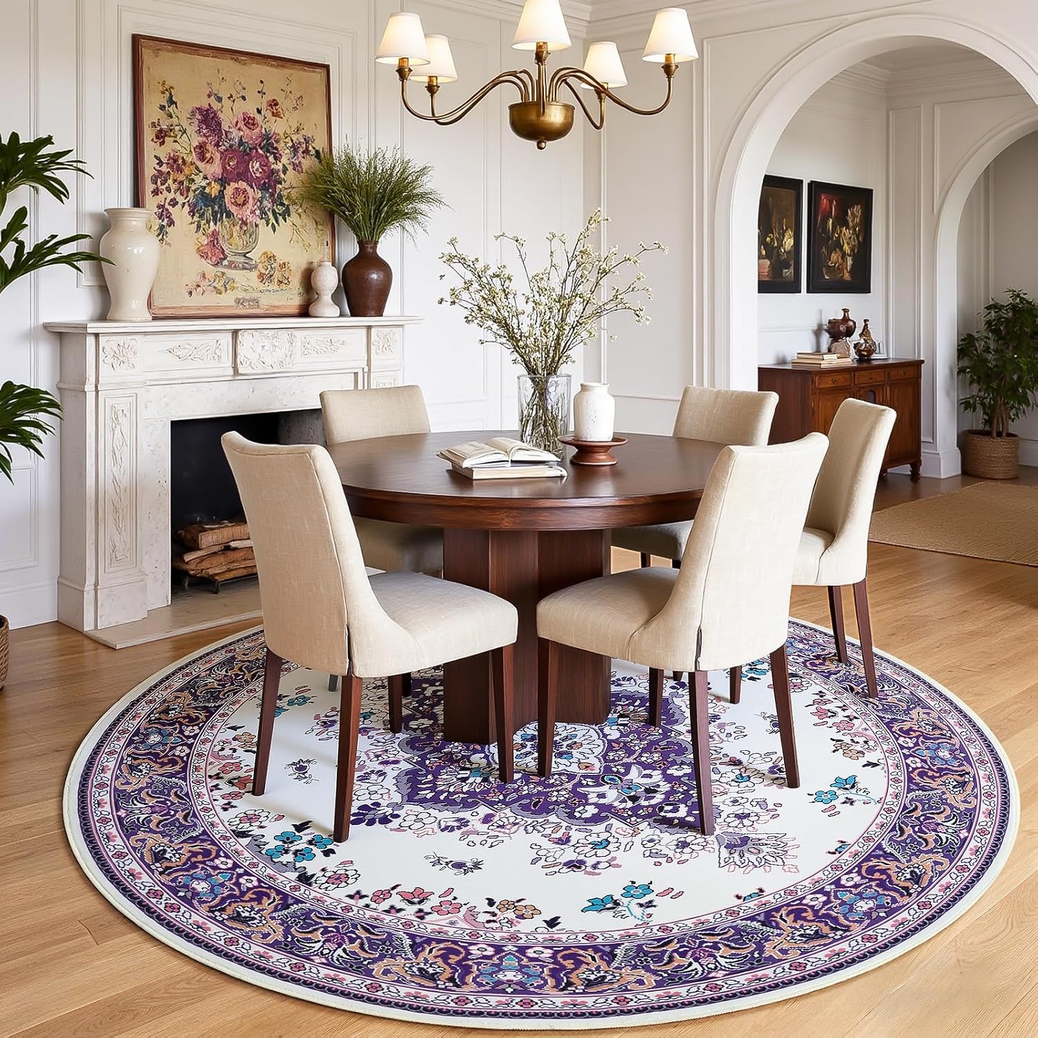 image:imageHOMORE Black Area Rug 5x7 Living Room Rug Washable Rugs for Bedroom  Non Slip Low Pile Vintage Floral Throw Rugs for Dining Room FarmhousePurple