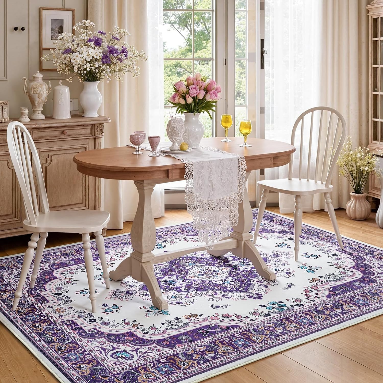 image:imageHOMORE Black Area Rug 5x7 Living Room Rug Washable Rugs for Bedroom  Non Slip Low Pile Vintage Floral Throw Rugs for Dining Room FarmhousePurple