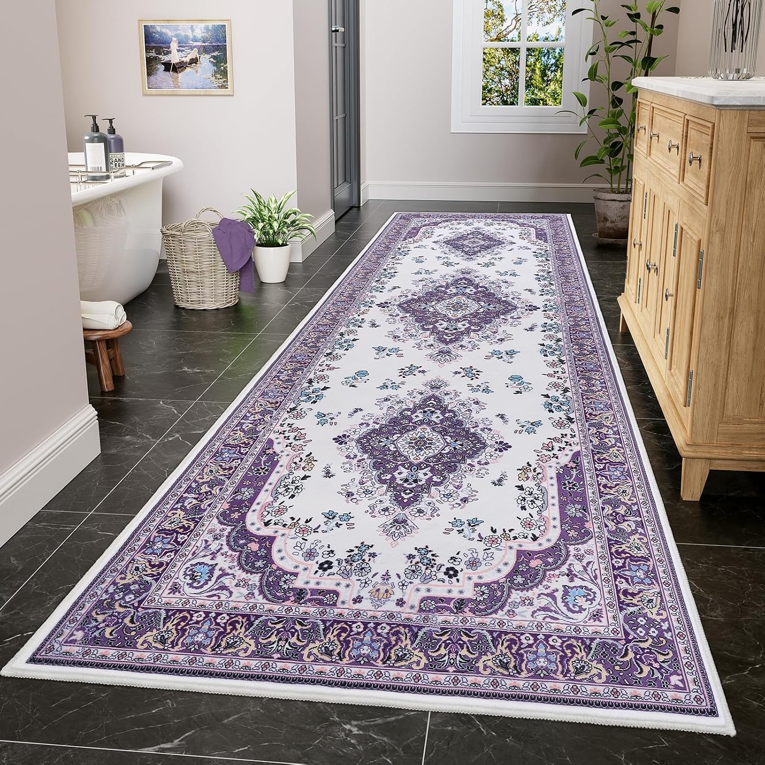 image:imageHOMORE Black Area Rug 5x7 Living Room Rug Washable Rugs for Bedroom  Non Slip Low Pile Vintage Floral Throw Rugs for Dining Room FarmhousePurple