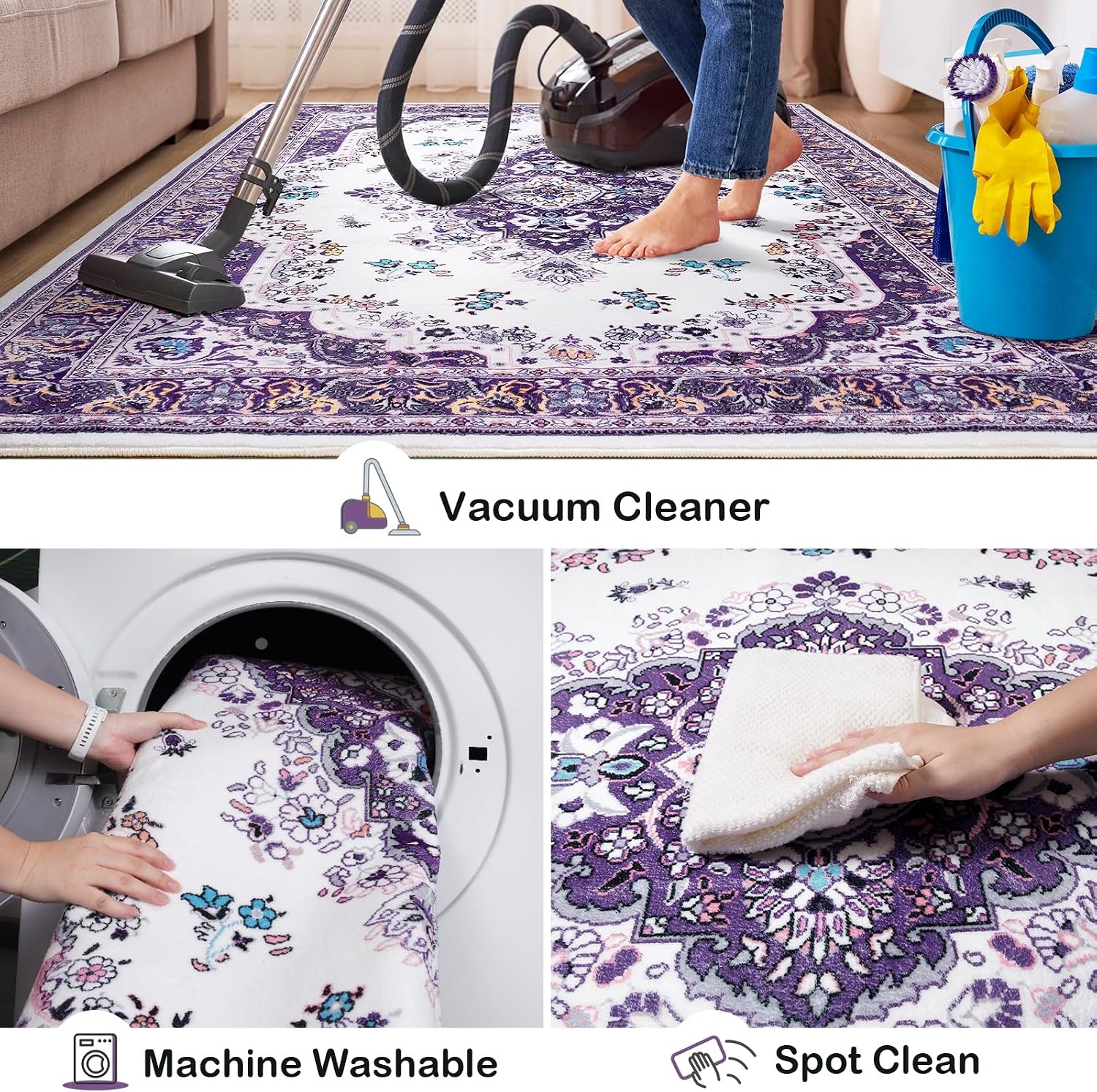 image:imageHOMORE Black Area Rug 5x7 Living Room Rug Washable Rugs for Bedroom  Non Slip Low Pile Vintage Floral Throw Rugs for Dining Room FarmhousePurple