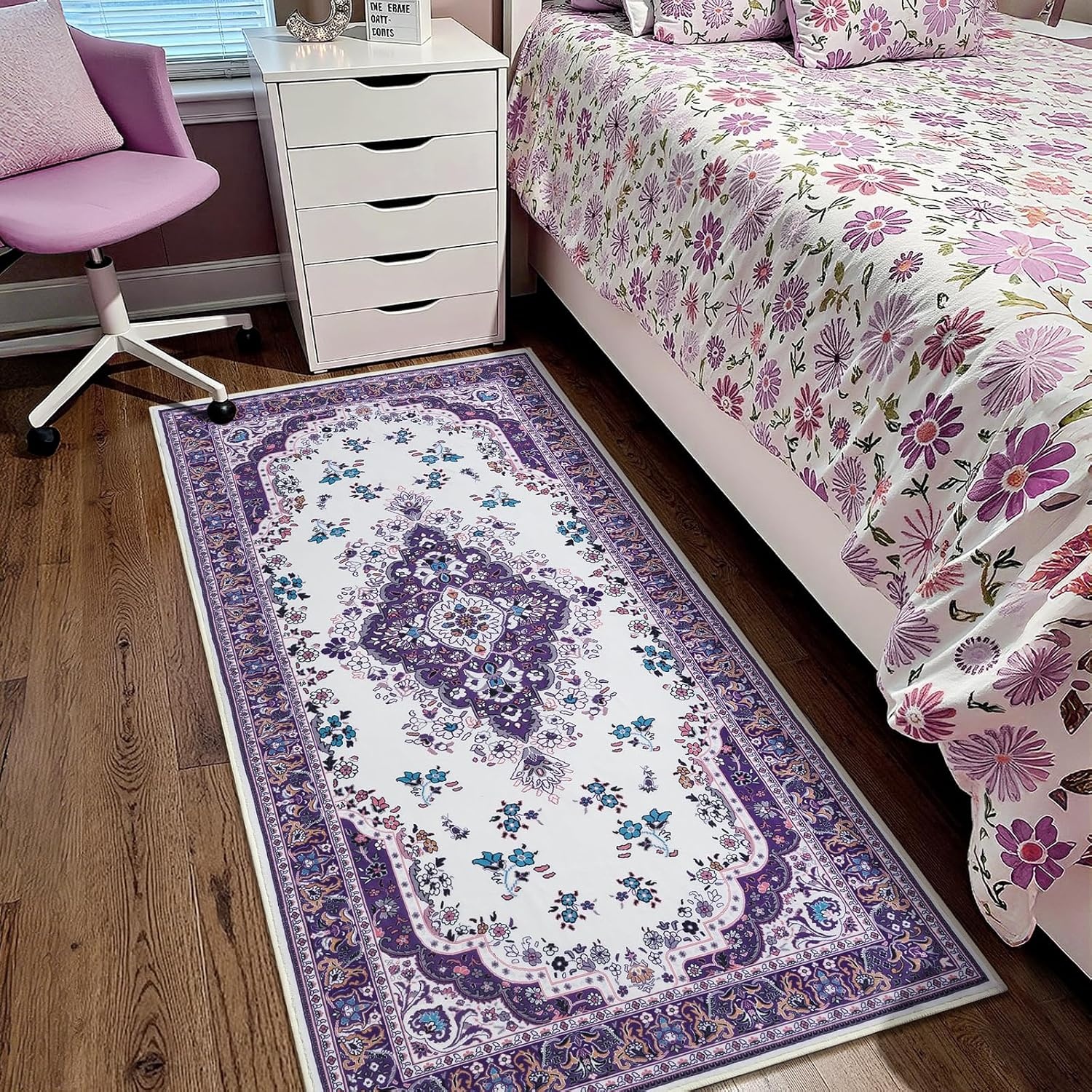 image:imageHOMORE Black Area Rug 5x7 Living Room Rug Washable Rugs for Bedroom  Non Slip Low Pile Vintage Floral Throw Rugs for Dining Room FarmhousePurple