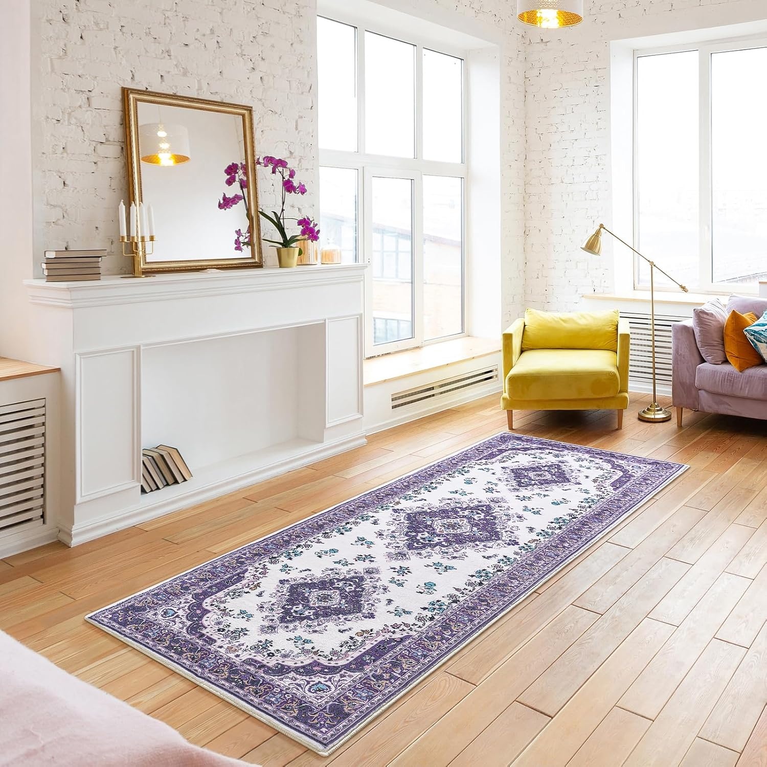 image:imageHOMORE Black Area Rug 5x7 Living Room Rug Washable Rugs for Bedroom  Non Slip Low Pile Vintage Floral Throw Rugs for Dining Room FarmhousePurple