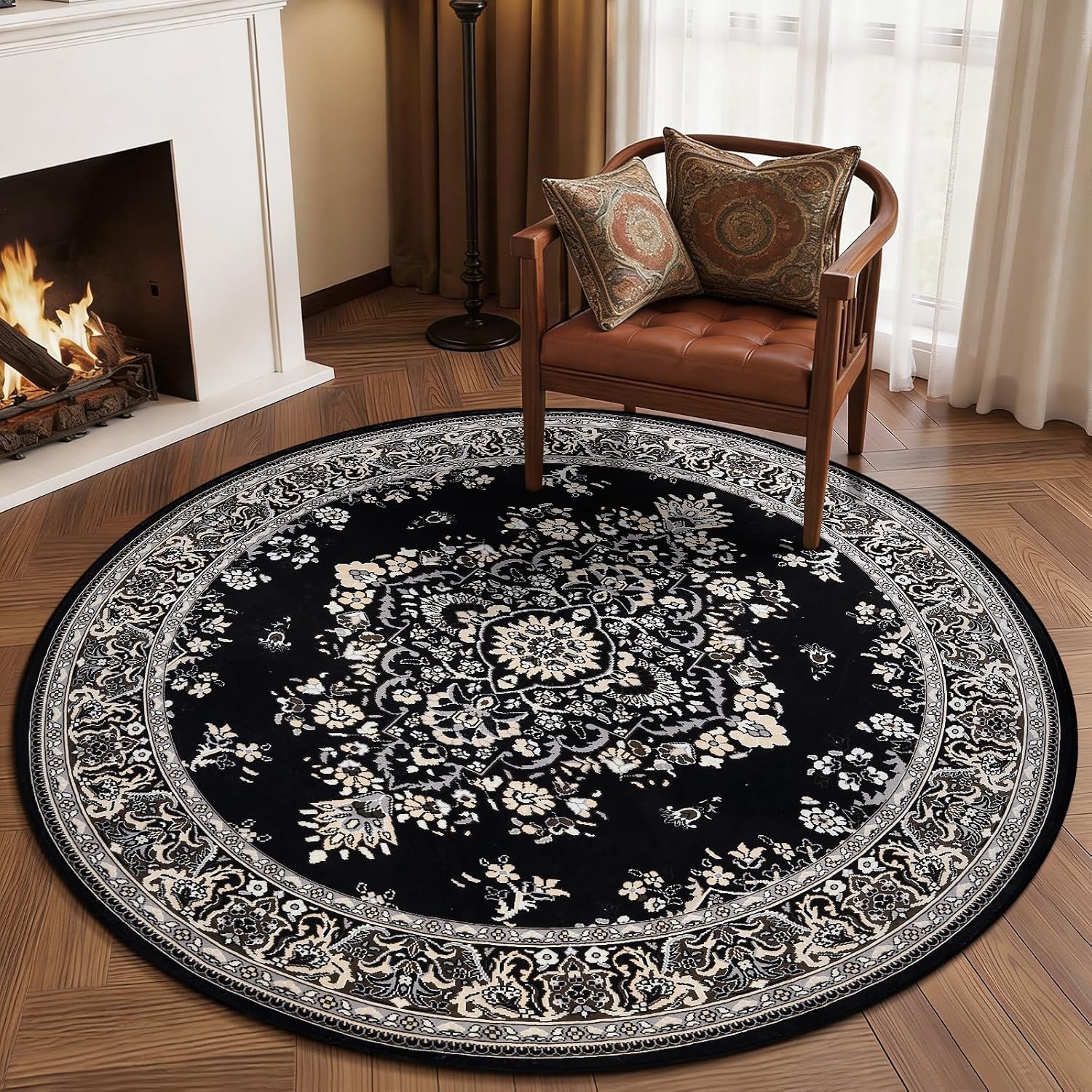 image:imageHOMORE Washable Area Rug 4x6 Black Rugs for Bedroom Living Room  Non Slip Low Pile Vintage Floral Throw Rugs for Entryway Kitchen Rug Dinning Room OfficeBlack