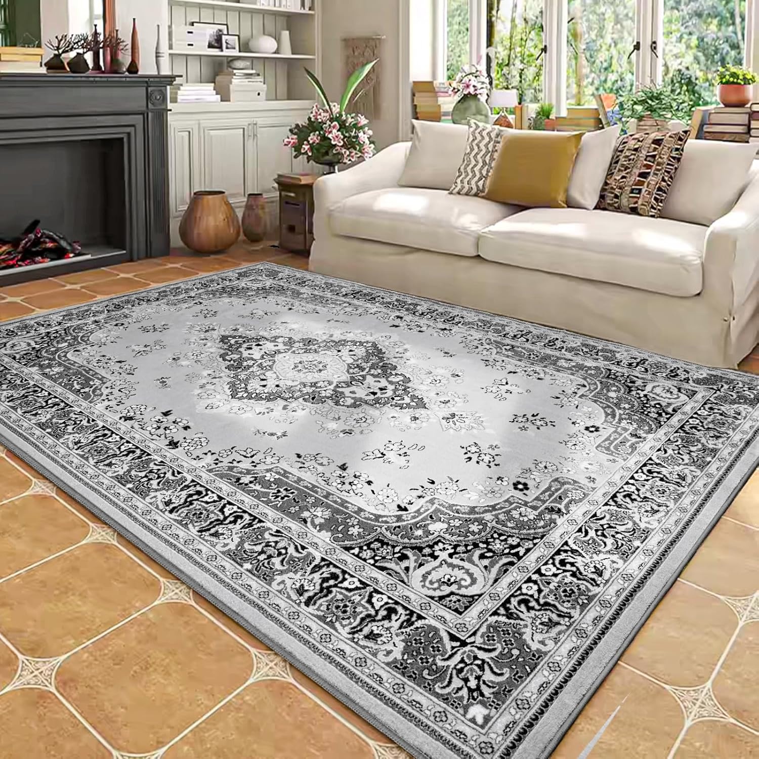 image:imageHOMORE Washable Area Rug 4x6 Black Rugs for Bedroom Living Room  Non Slip Low Pile Vintage Floral Throw Rugs for Entryway Kitchen Rug Dinning Room OfficeGrey