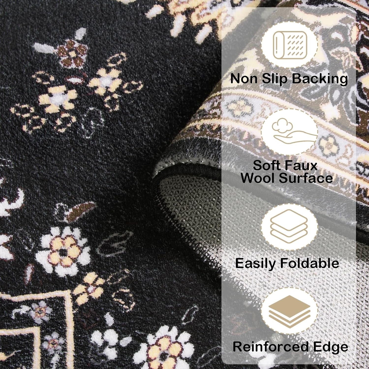 image:imageHOMORE Washable Area Rug 4x6 Black Rugs for Bedroom Living Room  Non Slip Low Pile Vintage Floral Throw Rugs for Entryway Kitchen Rug Dinning Room OfficeBlack