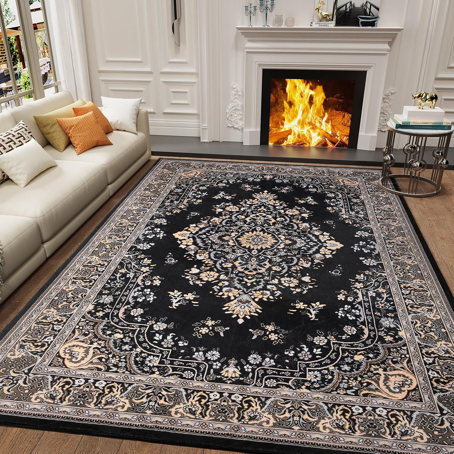image:imageHOMORE Washable Area Rug 4x6 Black Rugs for Bedroom Living Room  Non Slip Low Pile Vintage Floral Throw Rugs for Entryway Kitchen Rug Dinning Room OfficeBlack