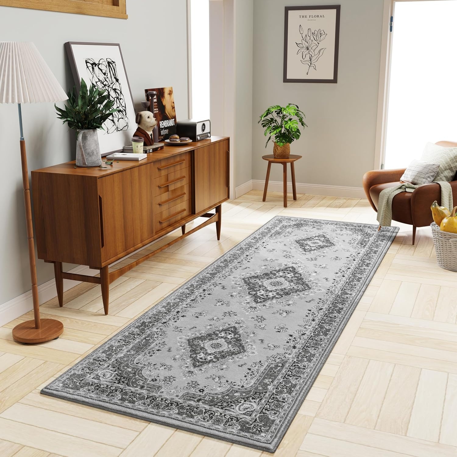 image:imageHOMORE Washable Area Rug 4x6 Black Rugs for Bedroom Living Room  Non Slip Low Pile Vintage Floral Throw Rugs for Entryway Kitchen Rug Dinning Room OfficeGrey