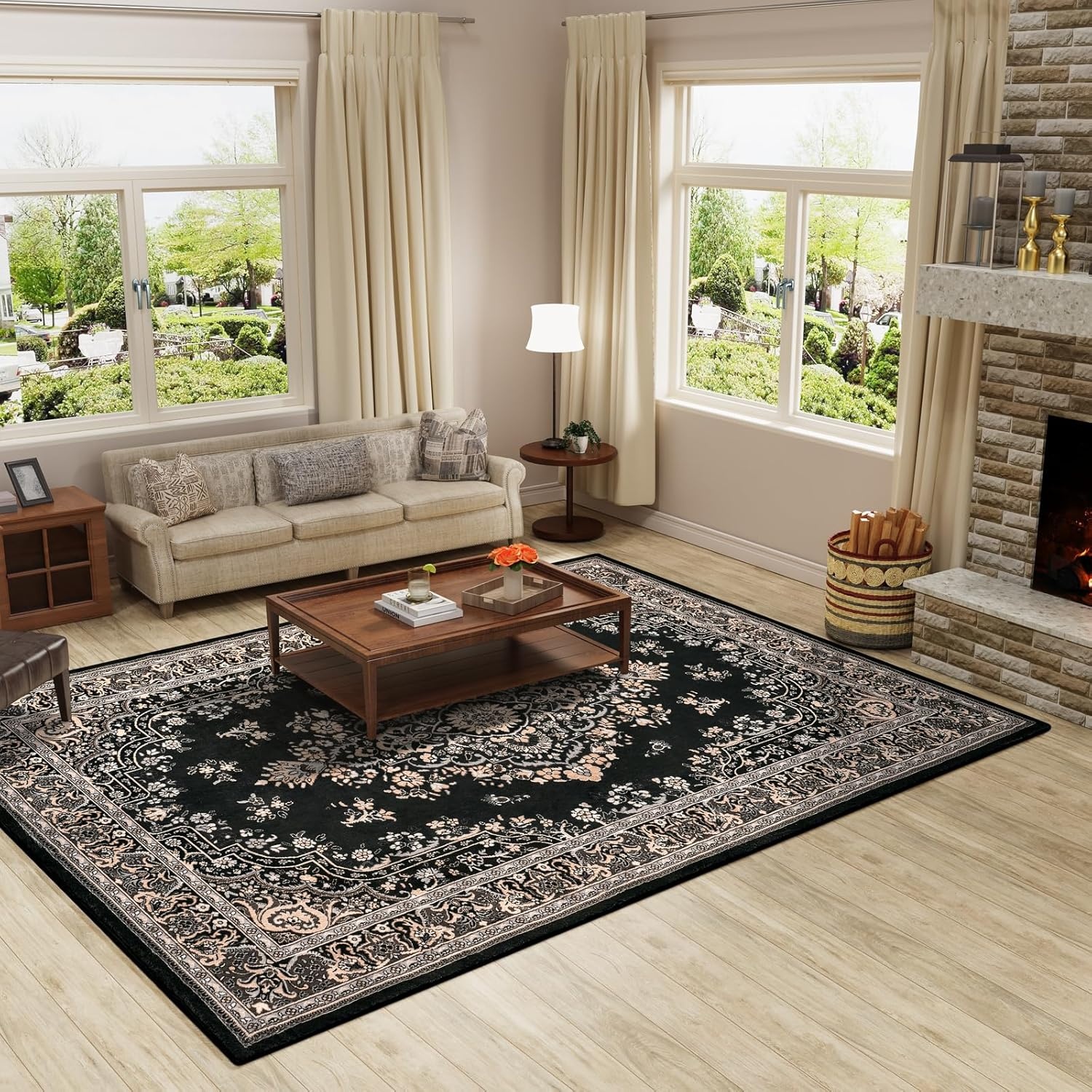 image:imageHOMORE Washable Area Rug 4x6 Black Rugs for Bedroom Living Room  Non Slip Low Pile Vintage Floral Throw Rugs for Entryway Kitchen Rug Dinning Room OfficeBlack