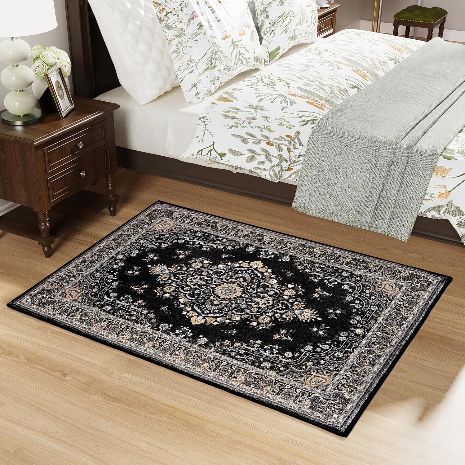 image:imageHOMORE Washable Area Rug 4x6 Black Rugs for Bedroom Living Room  Non Slip Low Pile Vintage Floral Throw Rugs for Entryway Kitchen Rug Dinning Room OfficeBlack
