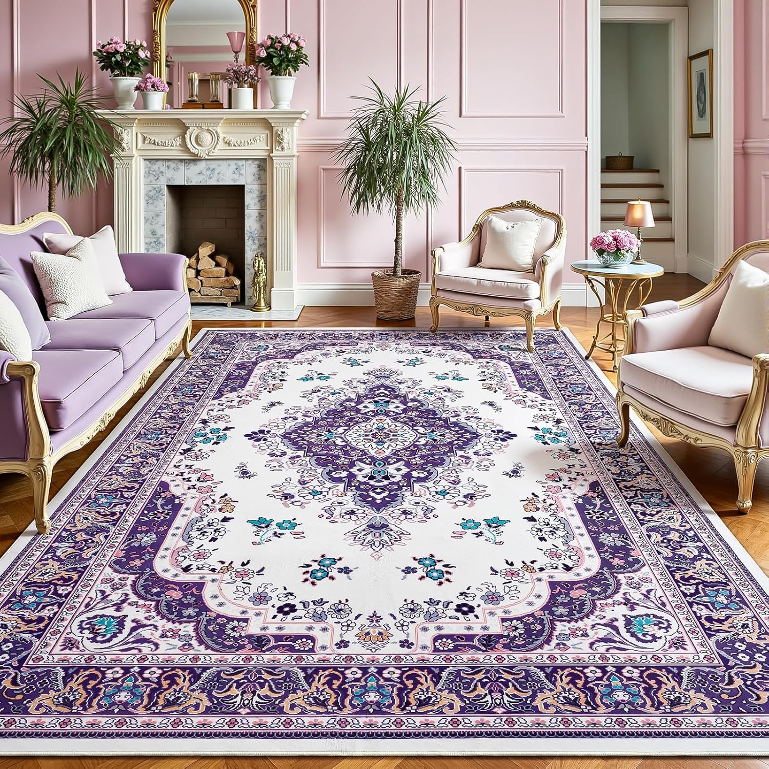 image:imageHOMORE Washable Area Rug 4x6 Black Rugs for Bedroom Living Room  Non Slip Low Pile Vintage Floral Throw Rugs for Entryway Kitchen Rug Dinning Room OfficePurple