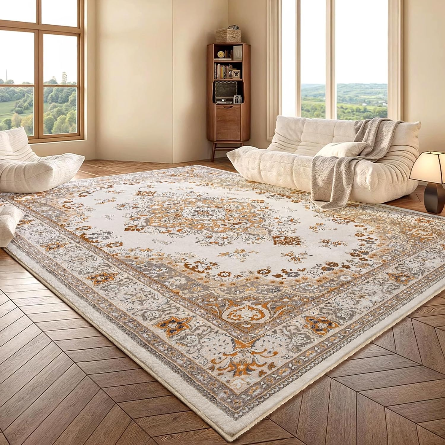 image:imageHOMORE Washable Area Rug 4x6 Black Rugs for Bedroom Living Room  Non Slip Low Pile Vintage Floral Throw Rugs for Entryway Kitchen Rug Dinning Room OfficeBeige