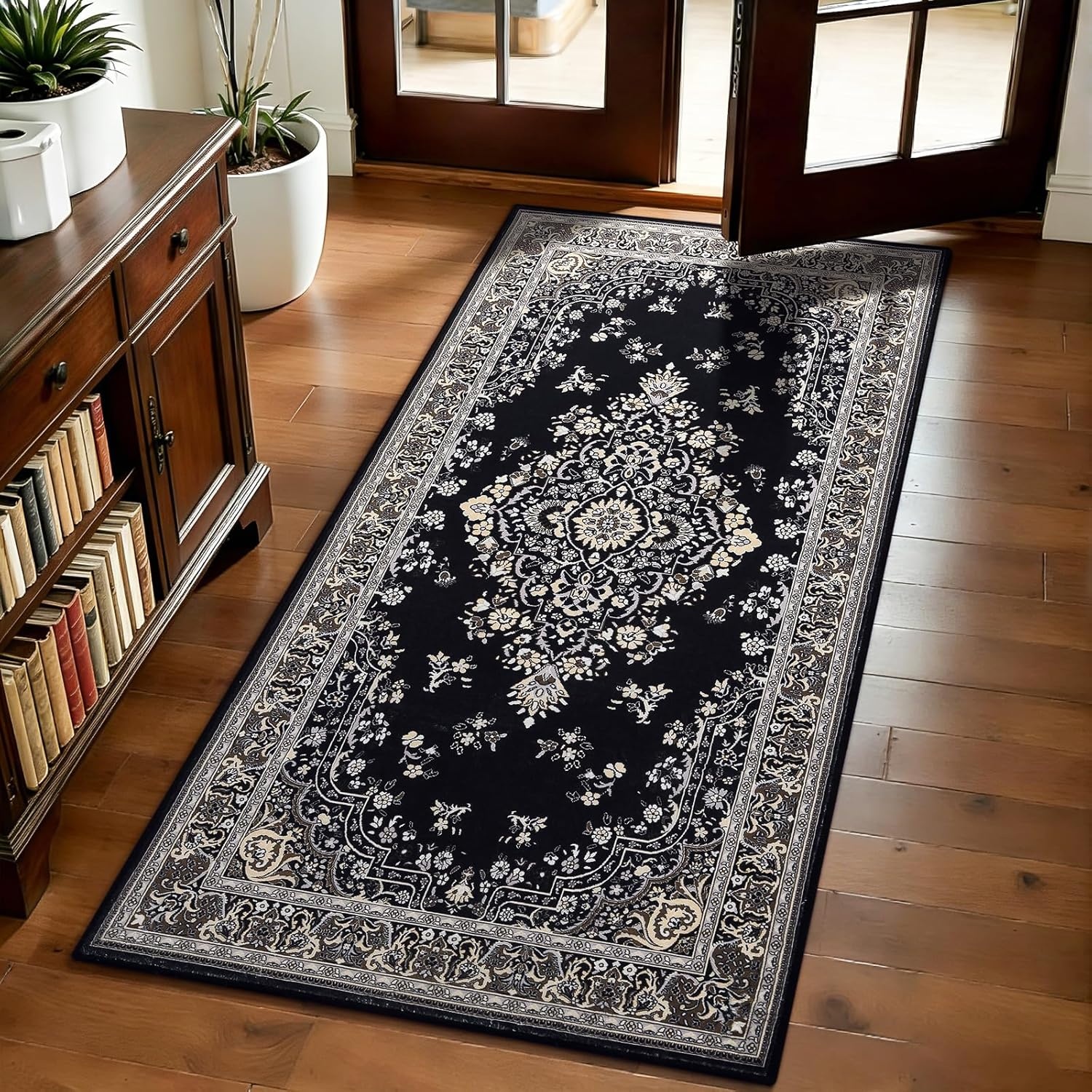 image:imageHOMORE Washable Area Rug 4x6 Black Rugs for Bedroom Living Room  Non Slip Low Pile Vintage Floral Throw Rugs for Entryway Kitchen Rug Dinning Room OfficeBlack
