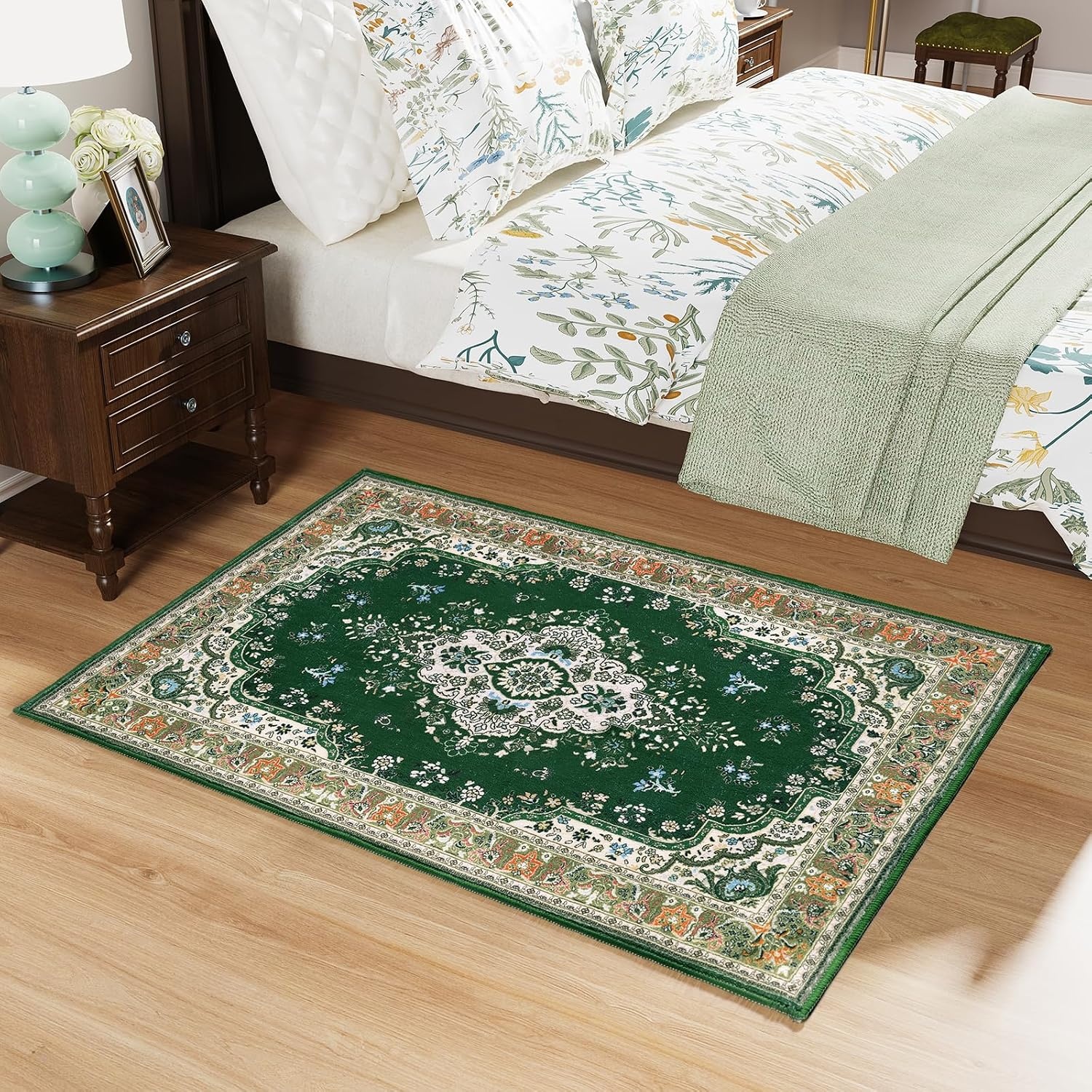 image:imageHOMORE Washable Area Rug 4x6 Black Rugs for Bedroom Living Room  Non Slip Low Pile Vintage Floral Throw Rugs for Entryway Kitchen Rug Dinning Room OfficeDeep Green