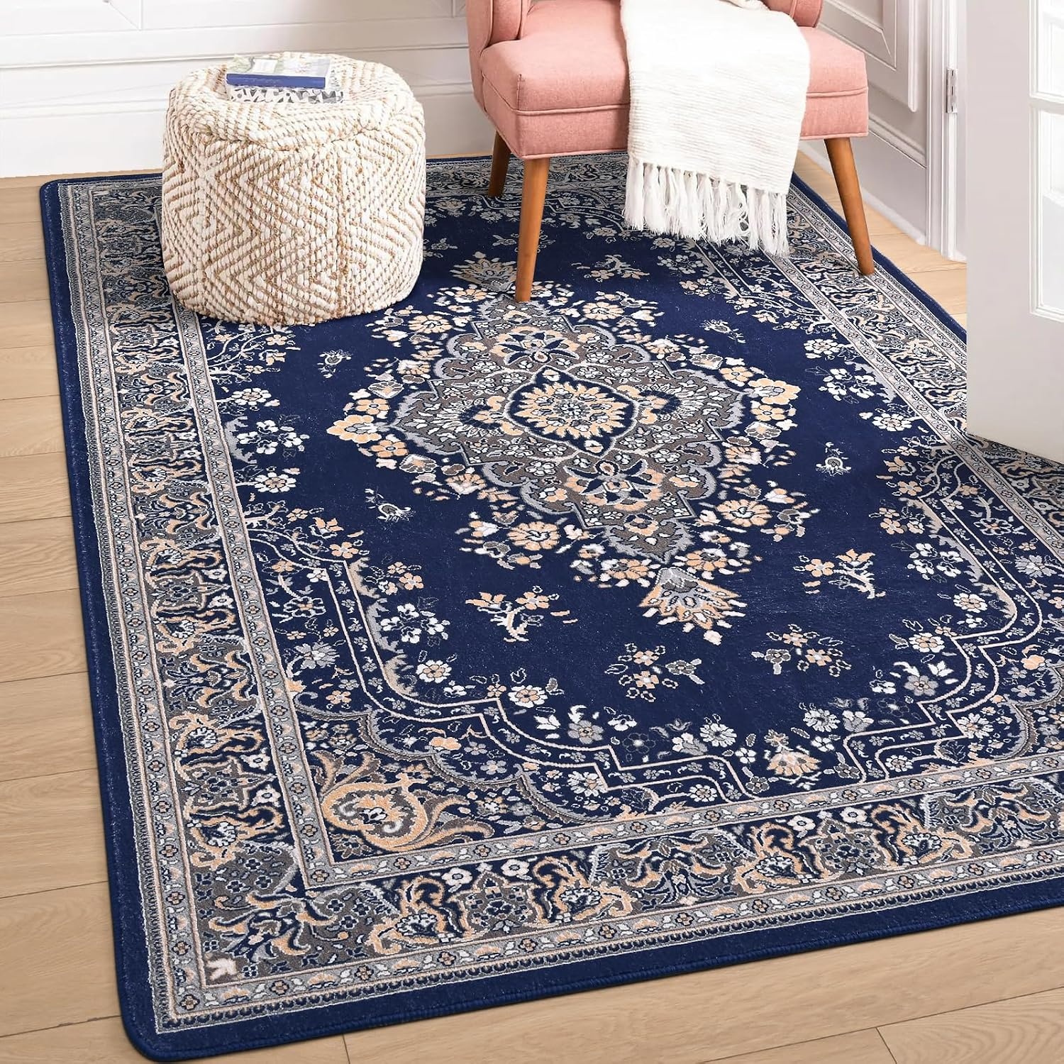 image:imageHOMORE Washable Area Rug 4x6 Black Rugs for Bedroom Living Room  Non Slip Low Pile Vintage Floral Throw Rugs for Entryway Kitchen Rug Dinning Room OfficeNavy Blue